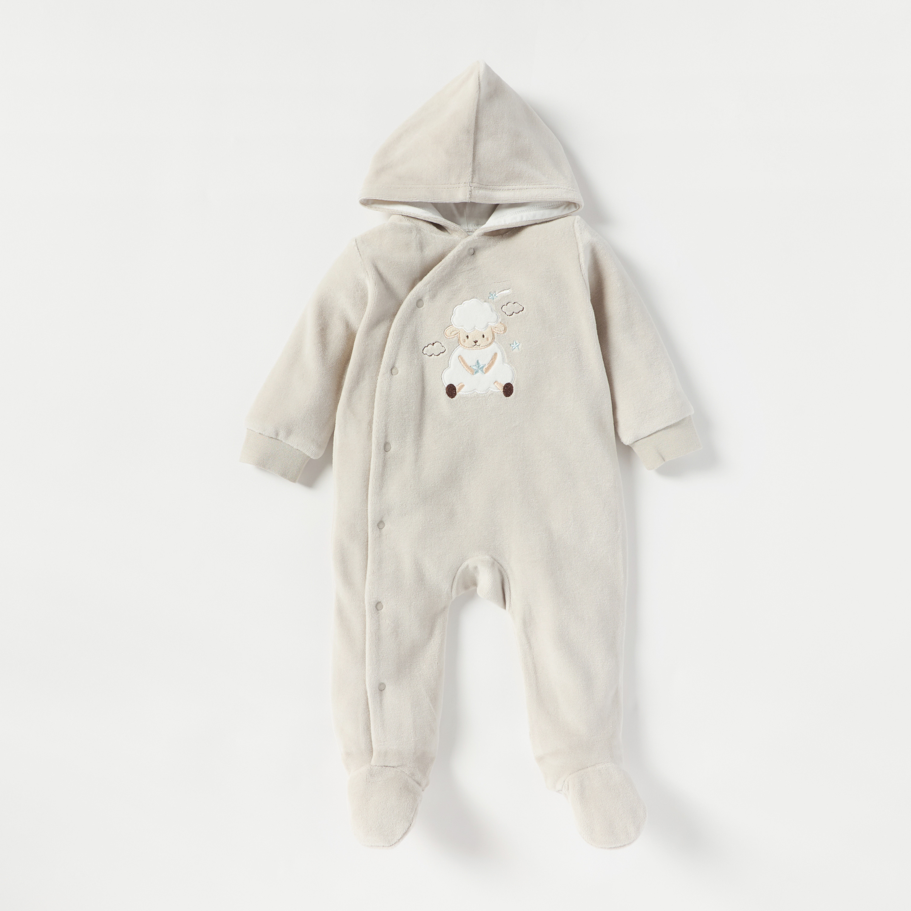 بدلة نوم قطيفة مغلقة القدمين بقبعة وأزرار إغلاق وزخارف خروف من جونيورز-baby-girls-clothing-nightwear-sleepsuits-image-1