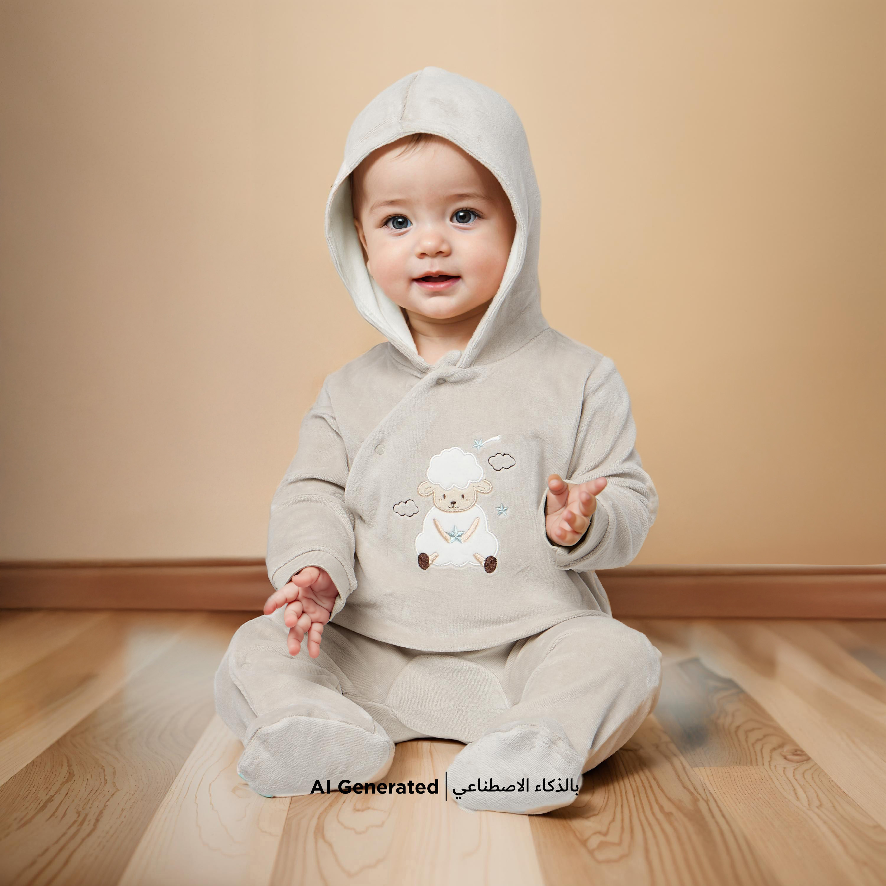 بدلة نوم قطيفة مغلقة القدمين بقبعة وأزرار إغلاق وزخارف خروف من جونيورز-baby-girls-clothing-nightwear-sleepsuits-image-5