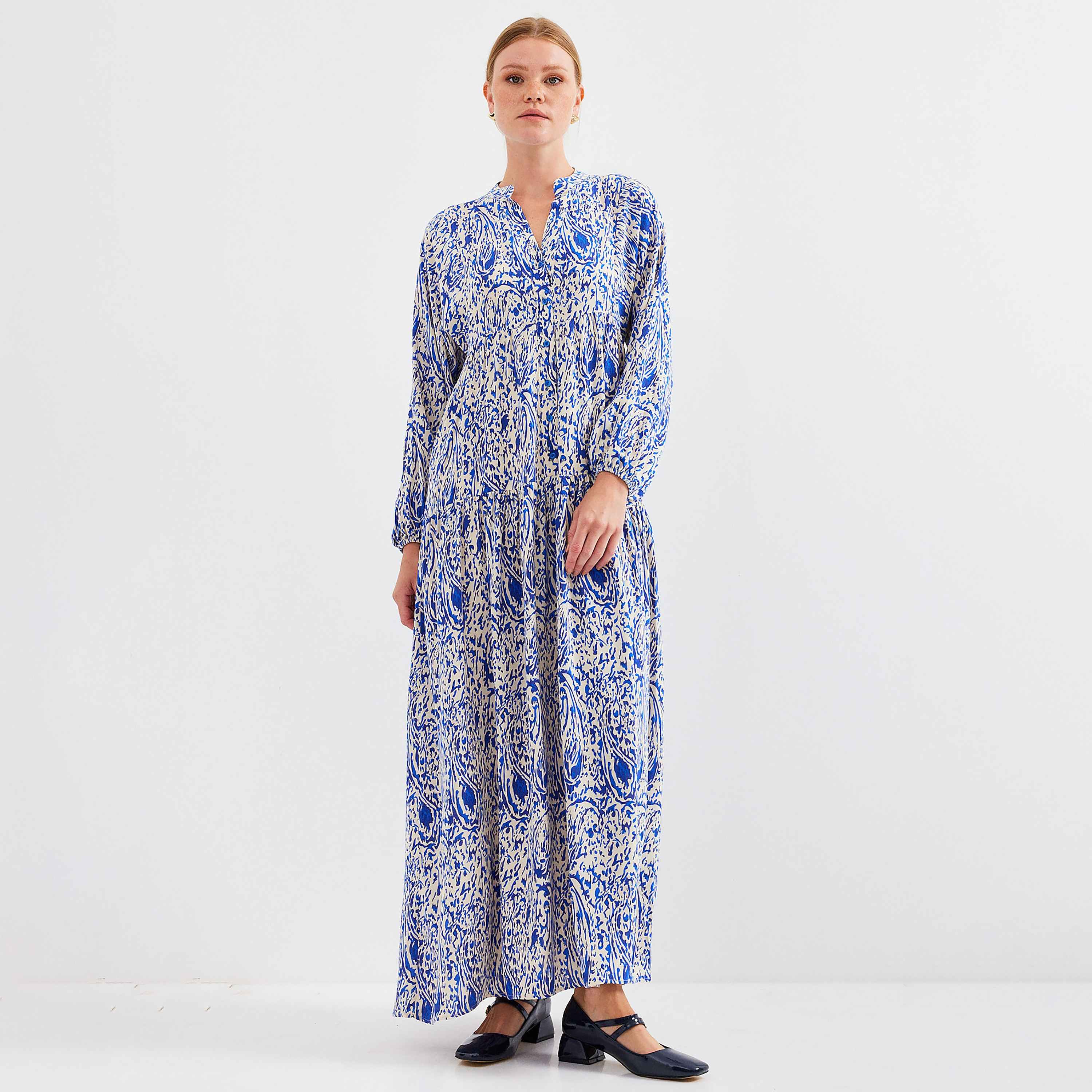 Bigdart Blue Abstract Print Mandarin Collar Flared Maxi Women's Dress-women-clothing-dresses-image-1