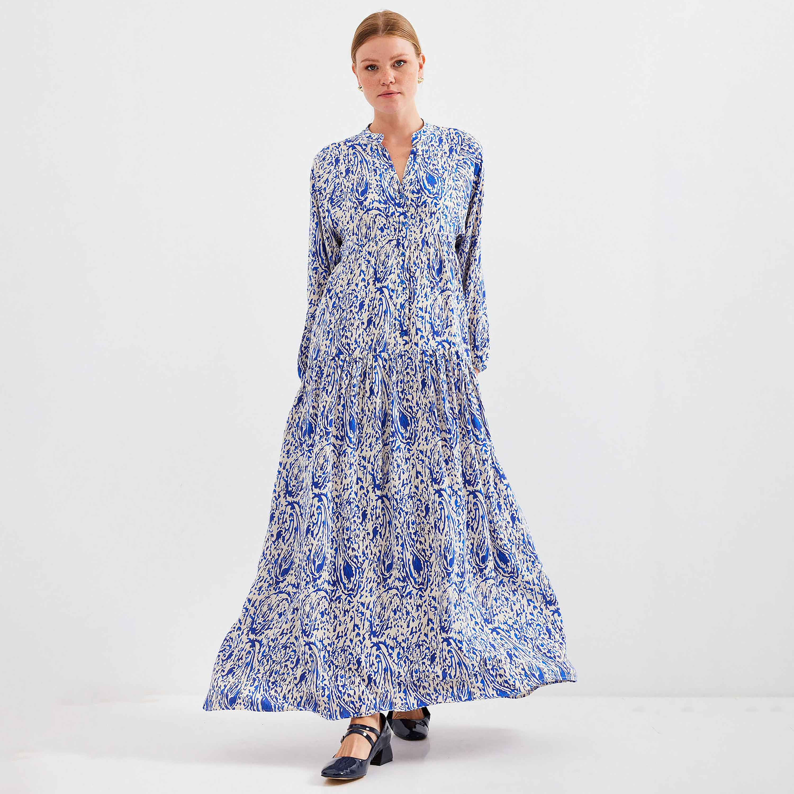 Bigdart Blue Abstract Print Mandarin Collar Flared Maxi Women's Dress-women-clothing-dresses-image-2
