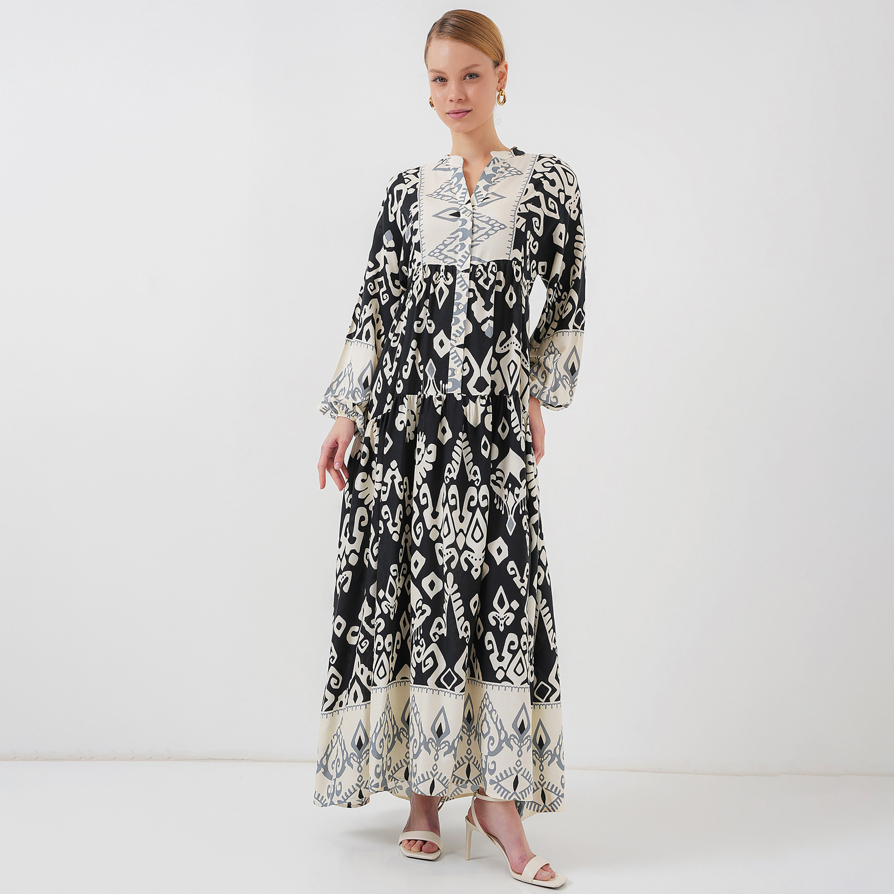 Bigdart Black Geometric Print Mandarin Collar Flared Maxi Women's Dress-women-clothing-dresses-image-1