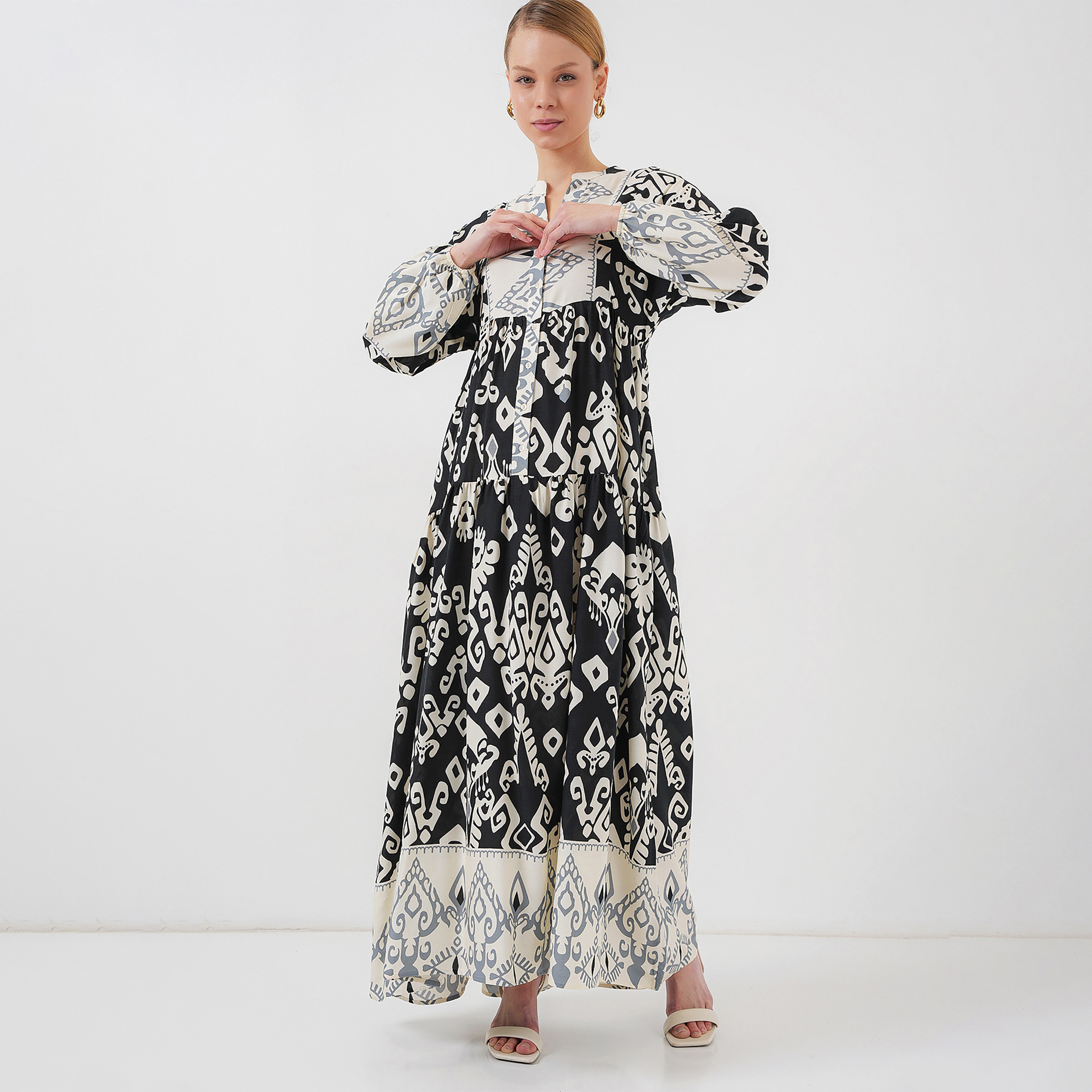 Bigdart Black Geometric Print Mandarin Collar Flared Maxi Women's Dress-women-clothing-dresses-image-2