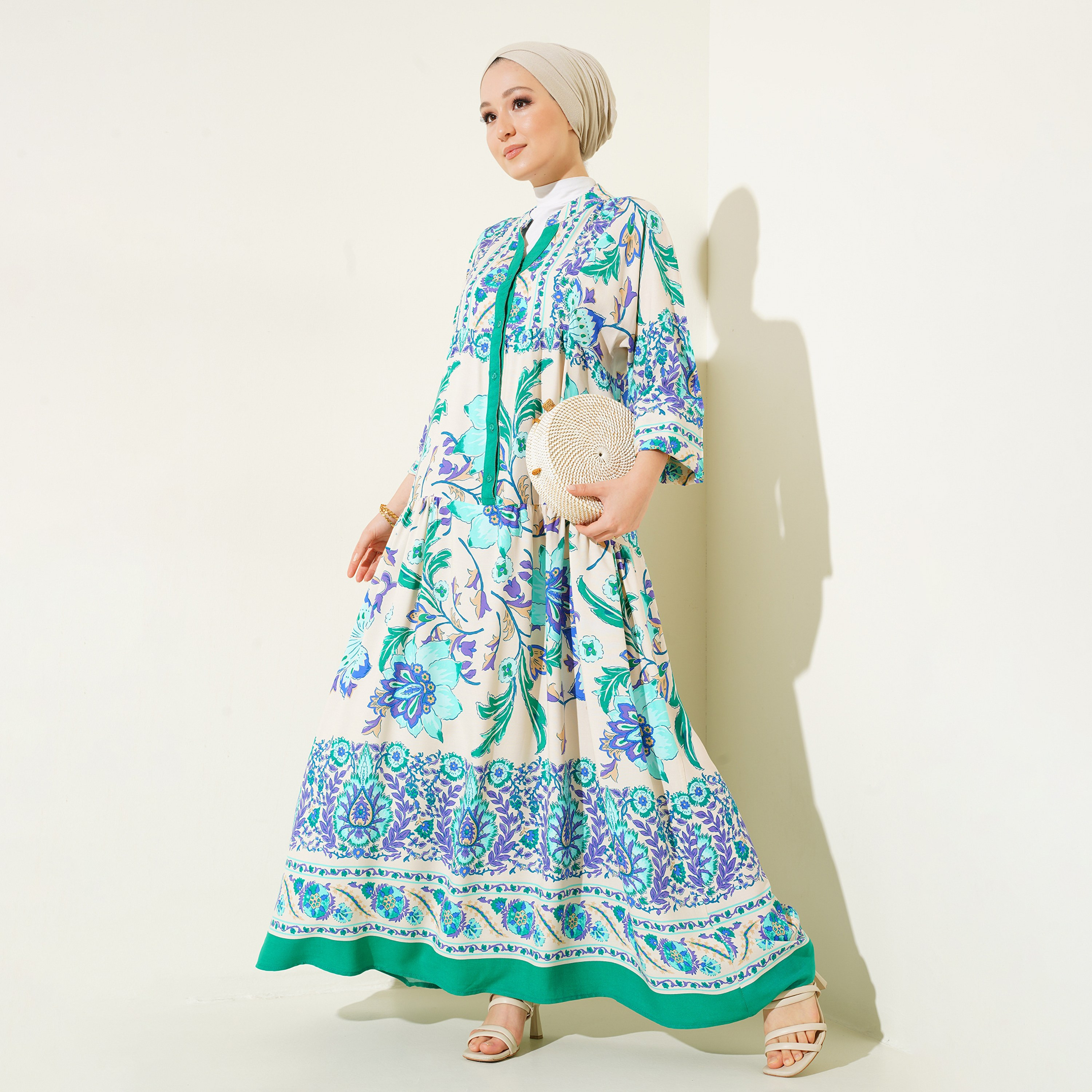 Bigdart Floral Print Viscose Mandarin Collar Balloon Sleeves Tiered Green Women's Maxi Dress-women-clothing-dresses-image-1