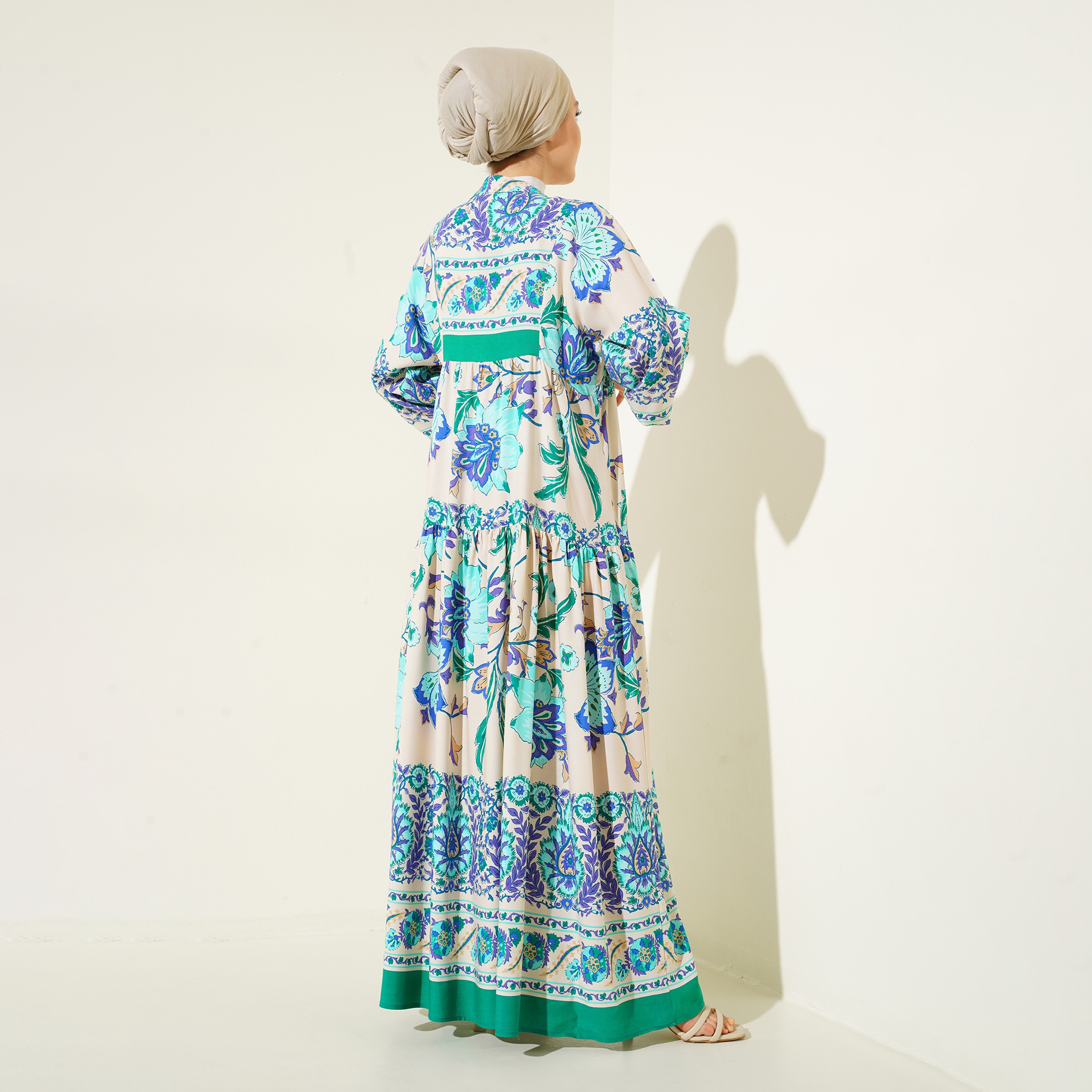 Bigdart Floral Print Viscose Mandarin Collar Balloon Sleeves Tiered Green Women's Maxi Dress-women-clothing-dresses-image-3