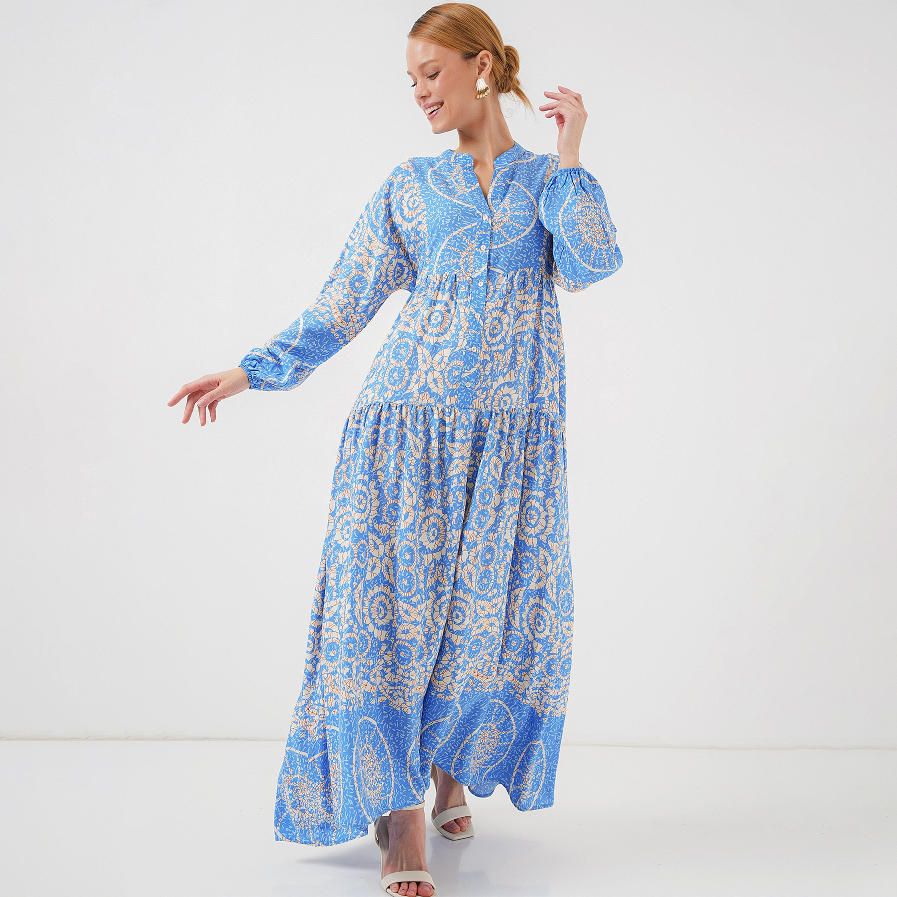 فستان ماكسي نسائي بطبعة بوهو من الفيسكوز، بياقة الماندرين وأكمام بالون وطبقات من بيجدارت-women-clothing-dresses-image-11