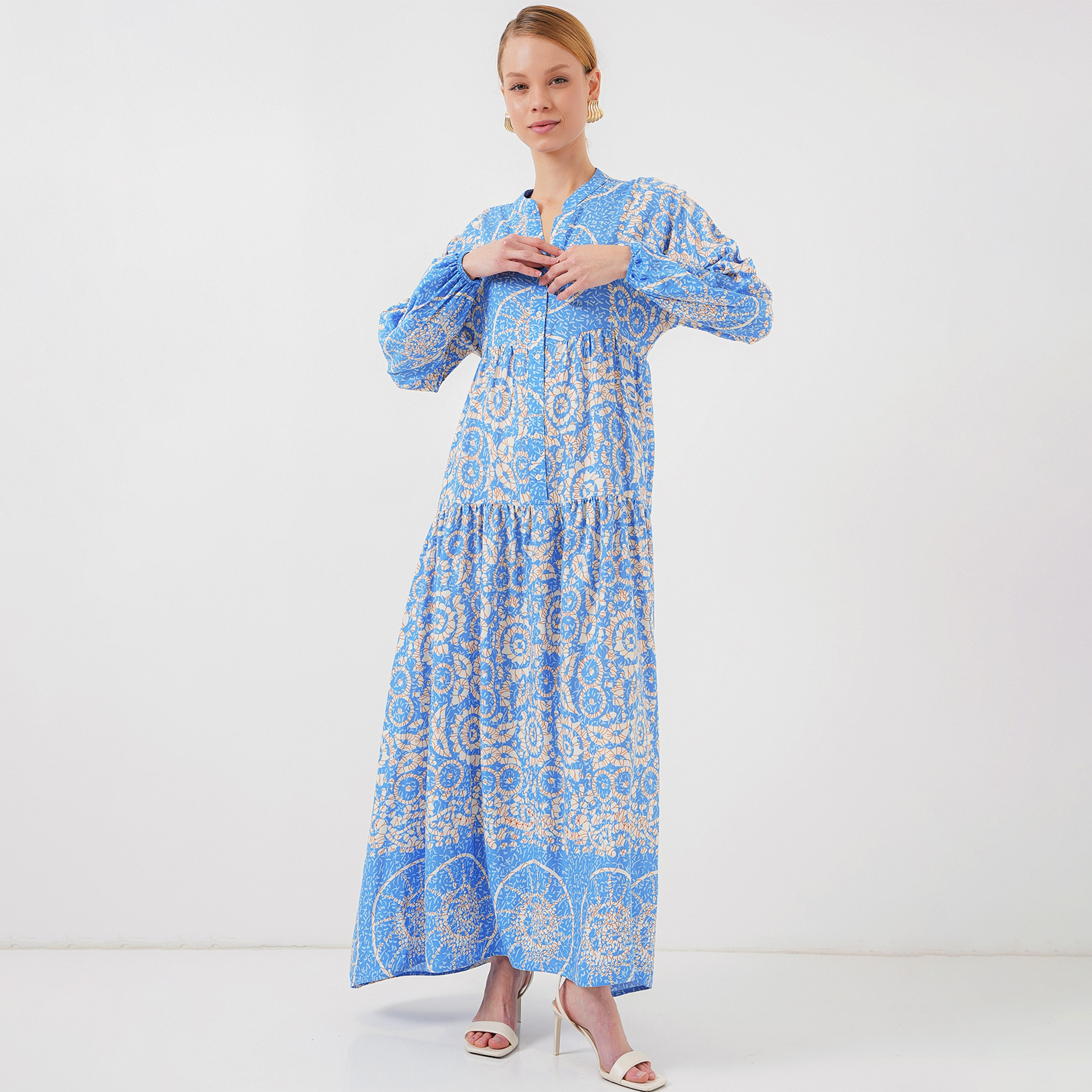 فستان ماكسي نسائي بطبعة بوهو من الفيسكوز، بياقة الماندرين وأكمام بالون وطبقات من بيجدارت-women-clothing-dresses-image-12