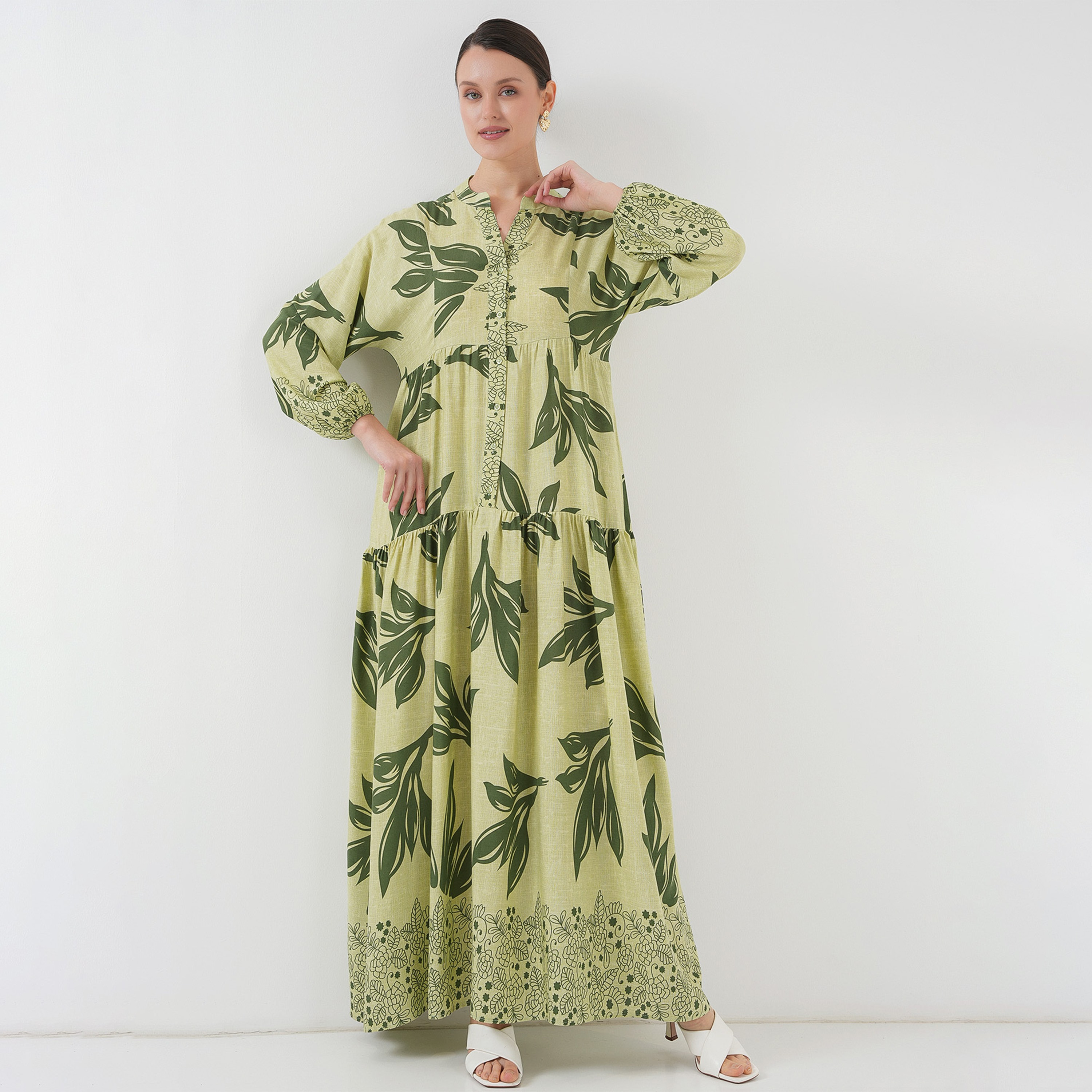 Bigdart Boho Print Viscose Mandarin Collar Balloon Sleeves Tiered Women's Maxi Dress-women-clothing-dresses-image-1