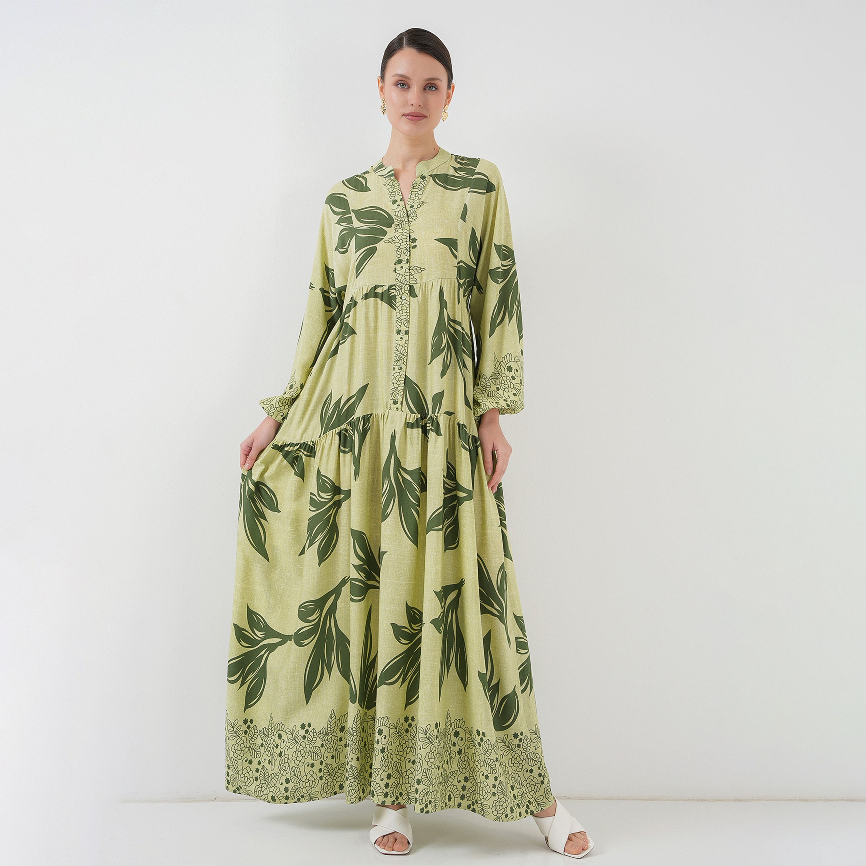 Bigdart Boho Print Viscose Mandarin Collar Balloon Sleeves Tiered Women's Maxi Dress-women-clothing-dresses-image-2