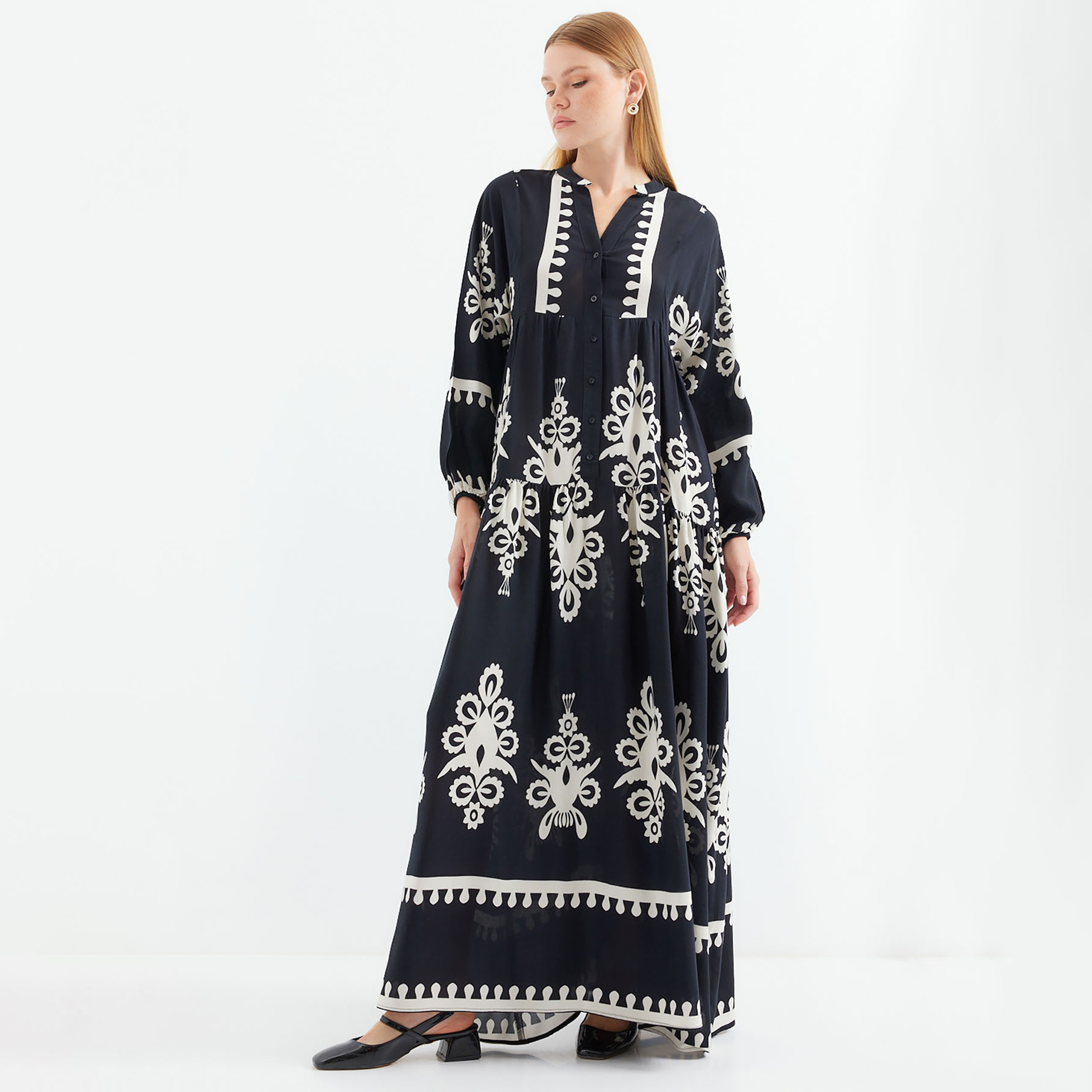 فستان ماكسي نسائي بطبعة بوهو من الفيسكوز، بياقة الماندرين وأكمام بالون وطبقات من بيجدارت-women-clothing-dresses-image-21