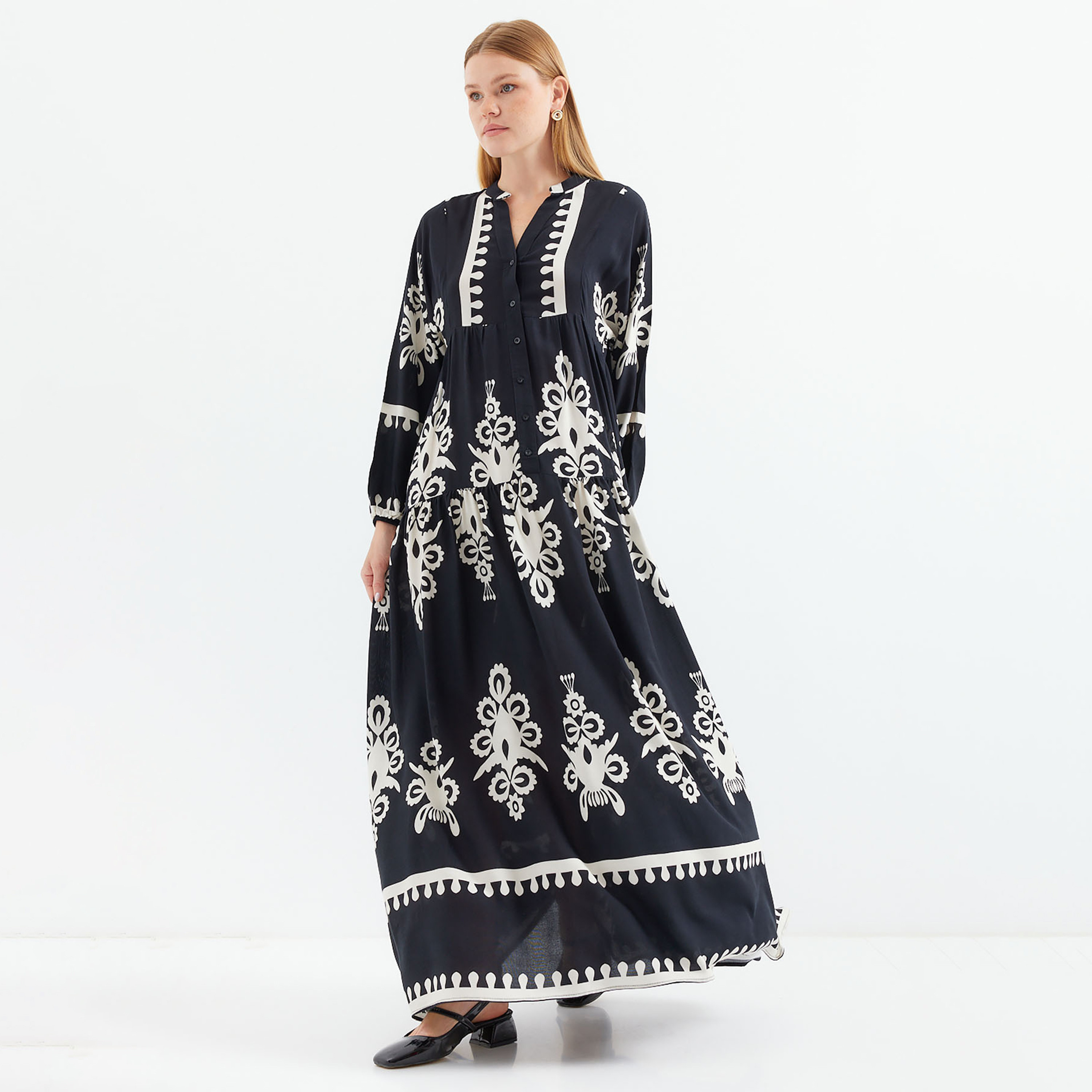 فستان ماكسي نسائي بطبعة بوهو من الفيسكوز، بياقة الماندرين وأكمام بالون وطبقات من بيجدارت-women-clothing-dresses-image-22