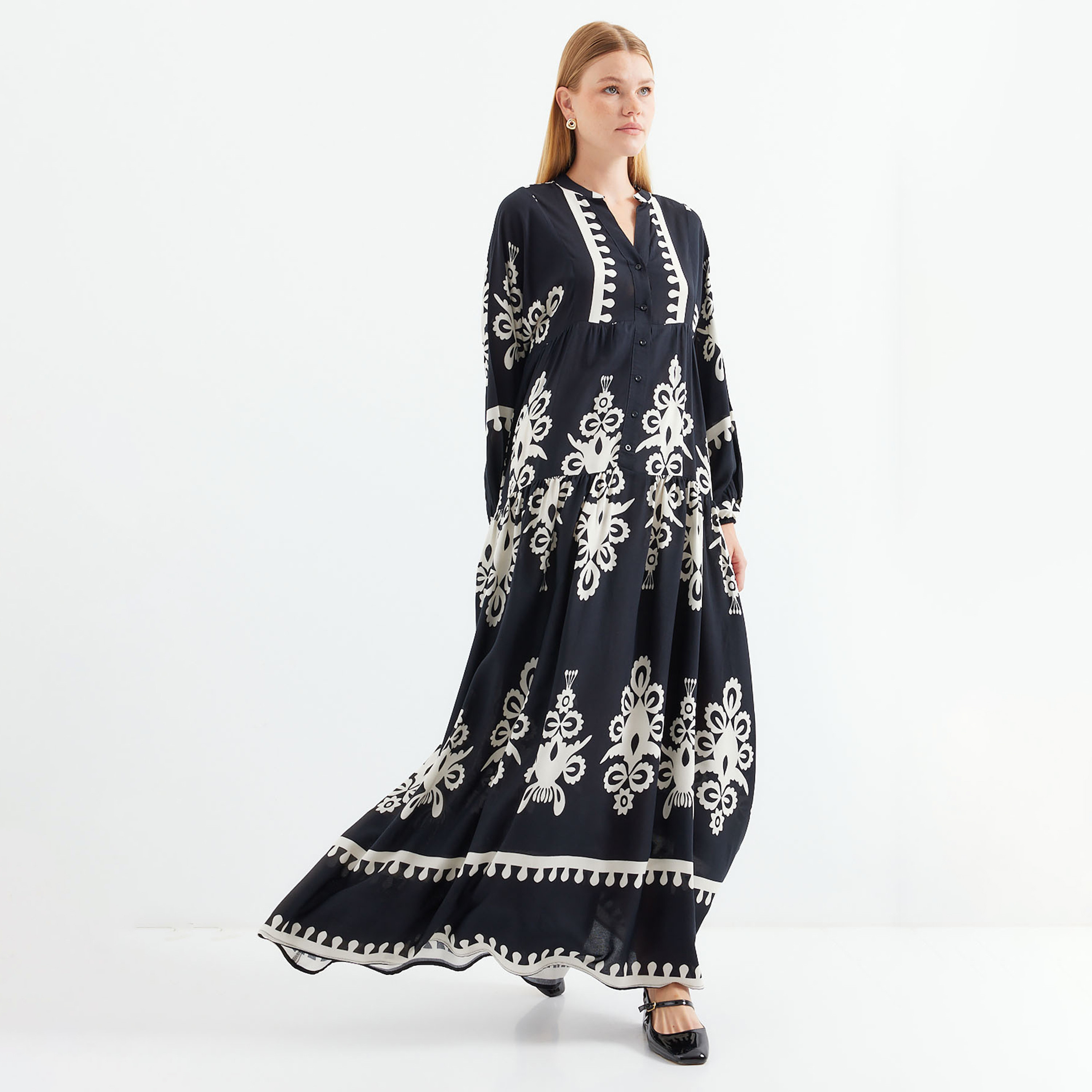 فستان ماكسي نسائي بطبعة بوهو من الفيسكوز، بياقة الماندرين وأكمام بالون وطبقات من بيجدارت-women-clothing-dresses-image-24