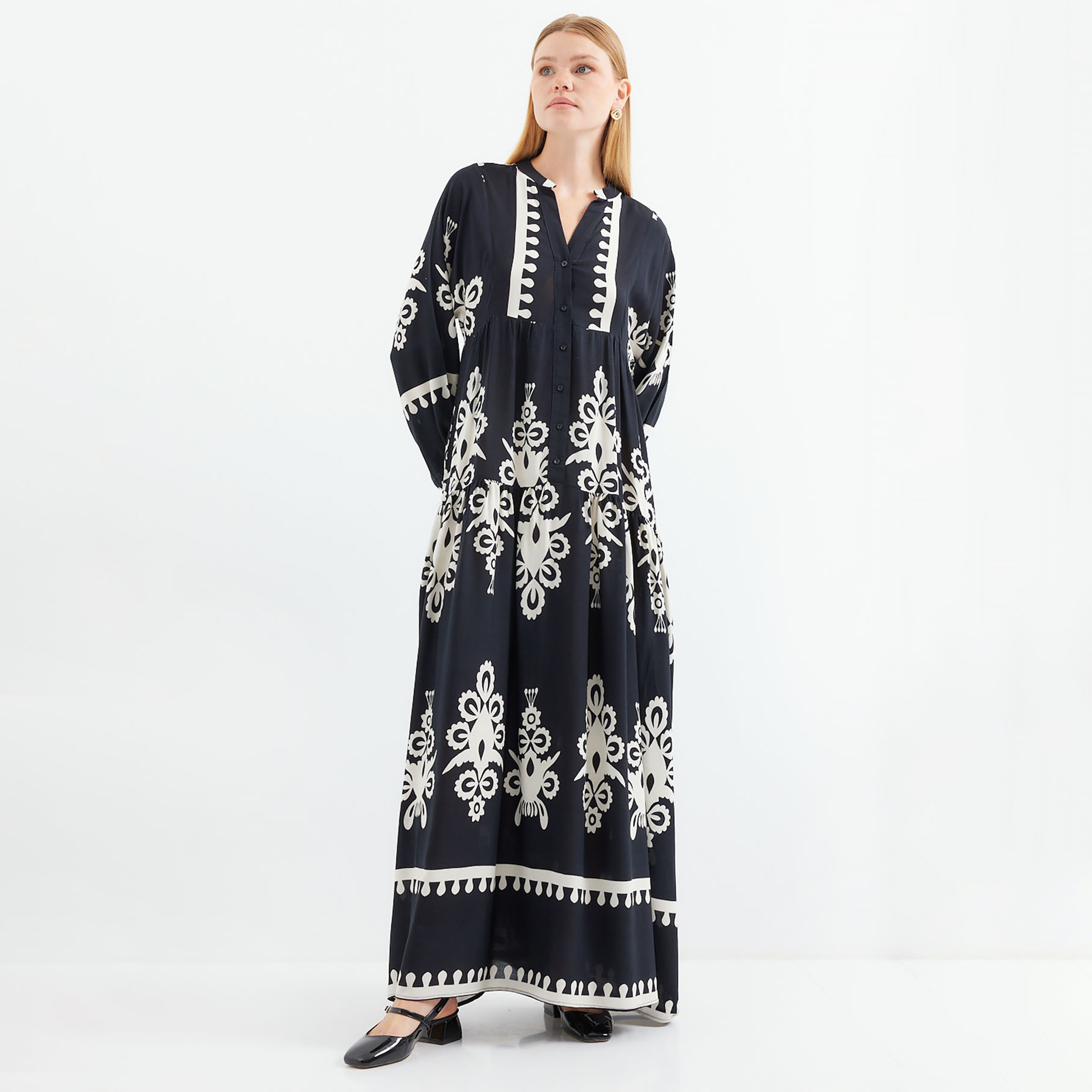 فستان ماكسي نسائي بطبعة بوهو من الفيسكوز، بياقة الماندرين وأكمام بالون وطبقات من بيجدارت-women-clothing-dresses-image-25