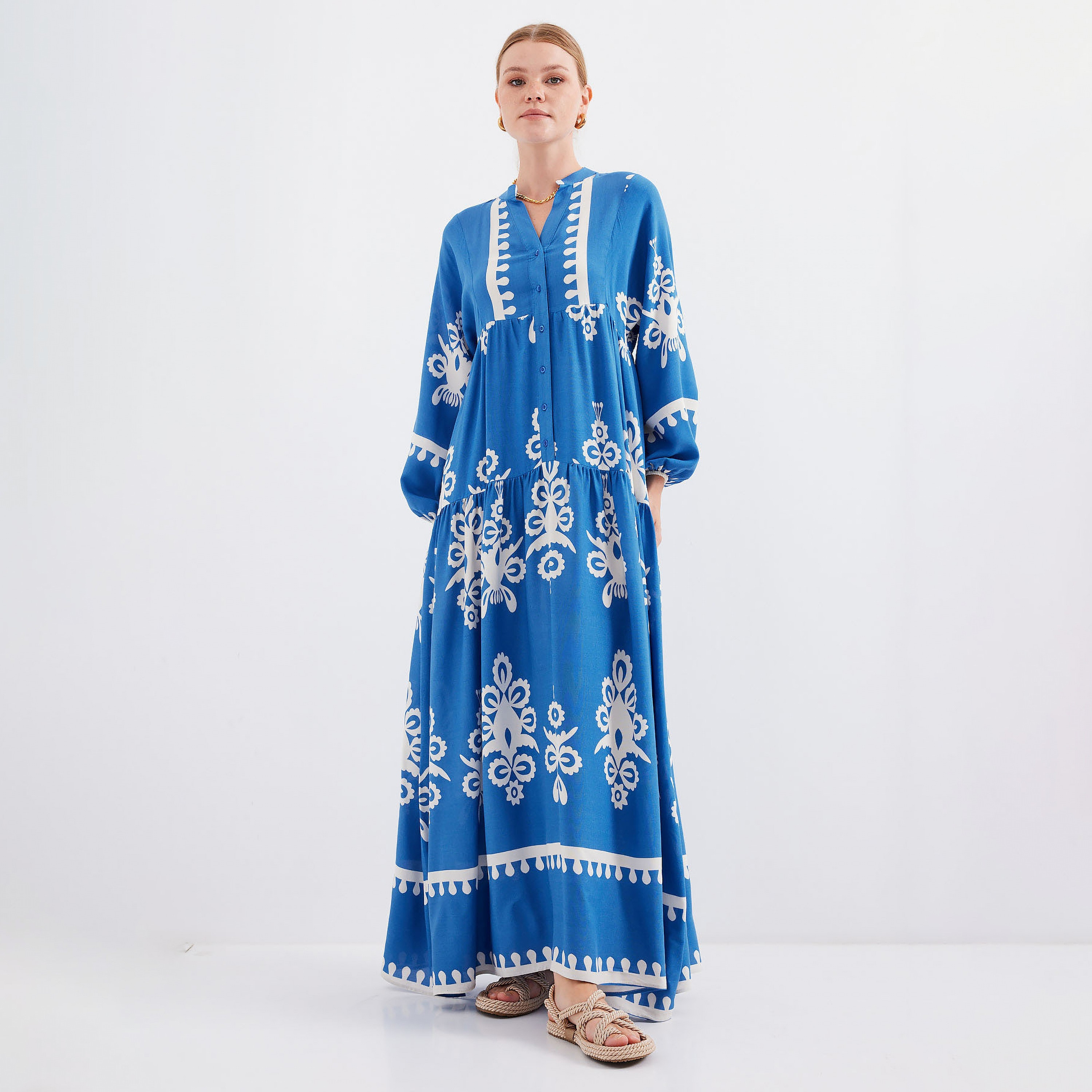 فستان ماكسي نسائي بطبعة بوهو من الفيسكوز، بياقة الماندرين وأكمام بالون وطبقات من بيجدارت-women-clothing-dresses-image-1