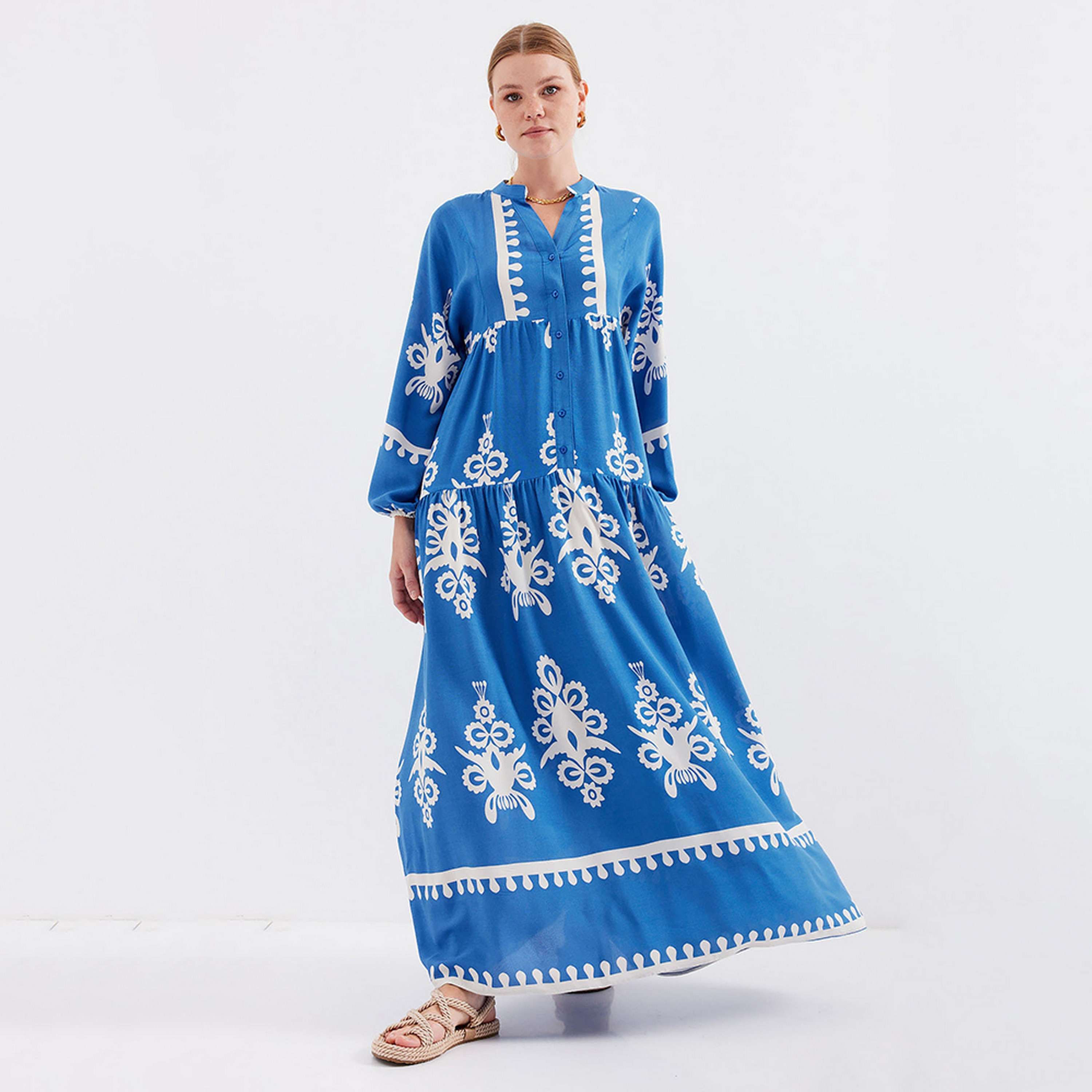 فستان ماكسي نسائي بطبعة بوهو من الفيسكوز، بياقة الماندرين وأكمام بالون وطبقات من بيجدارت-women-clothing-dresses-image-2