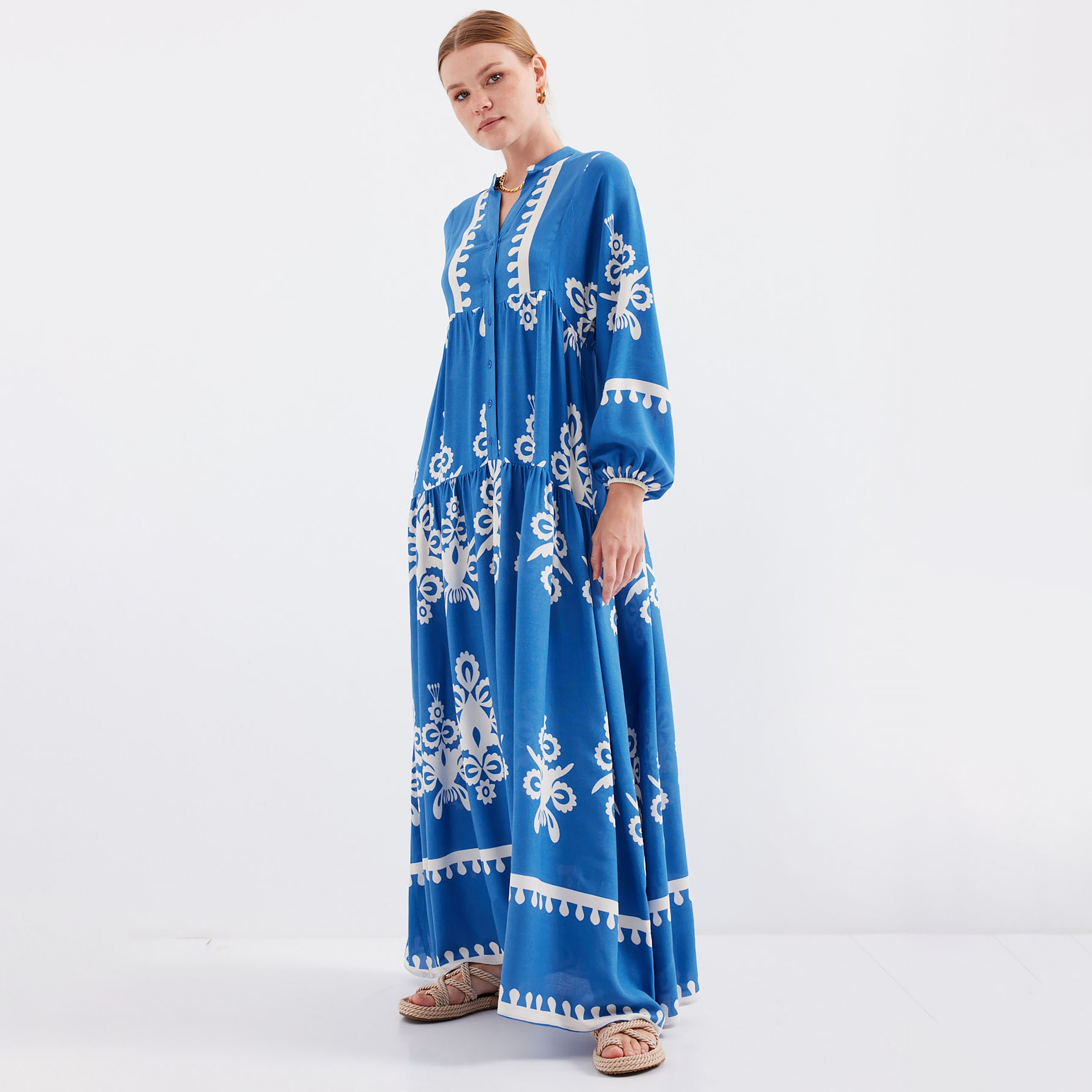فستان ماكسي نسائي بطبعة بوهو من الفيسكوز، بياقة الماندرين وأكمام بالون وطبقات من بيجدارت-women-clothing-dresses-image-3
