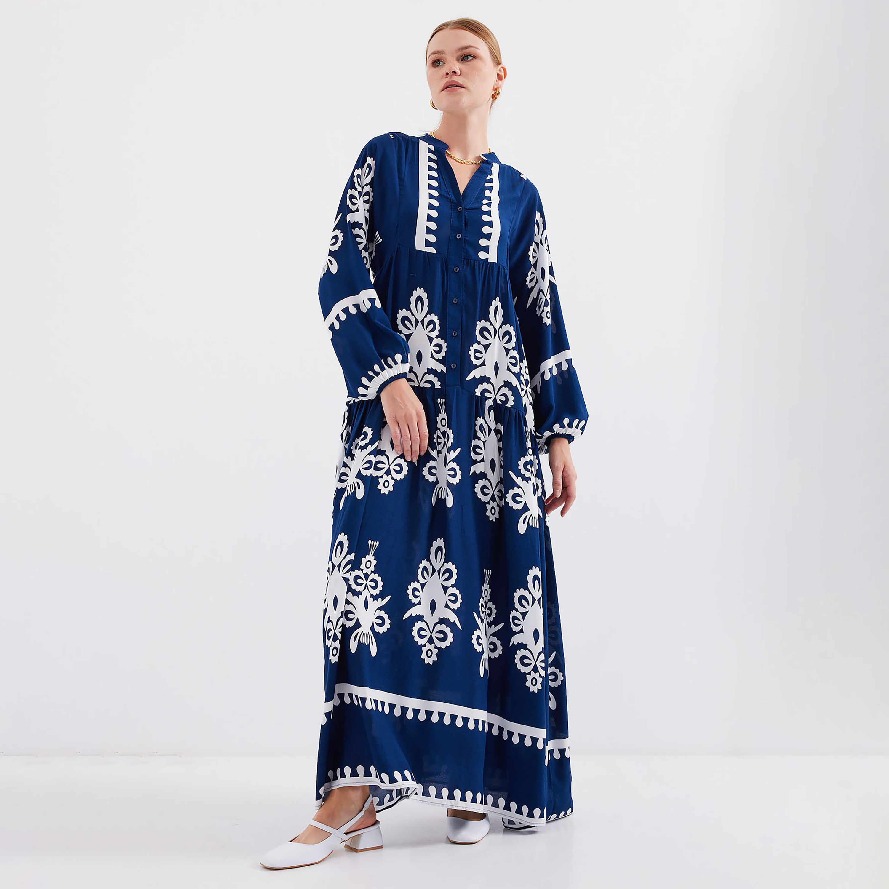فستان ماكسي نسائي بطبعة بوهو من الفيسكوز، بياقة الماندرين وأكمام بالون وطبقات من بيجدارت-women-clothing-dresses-image-26