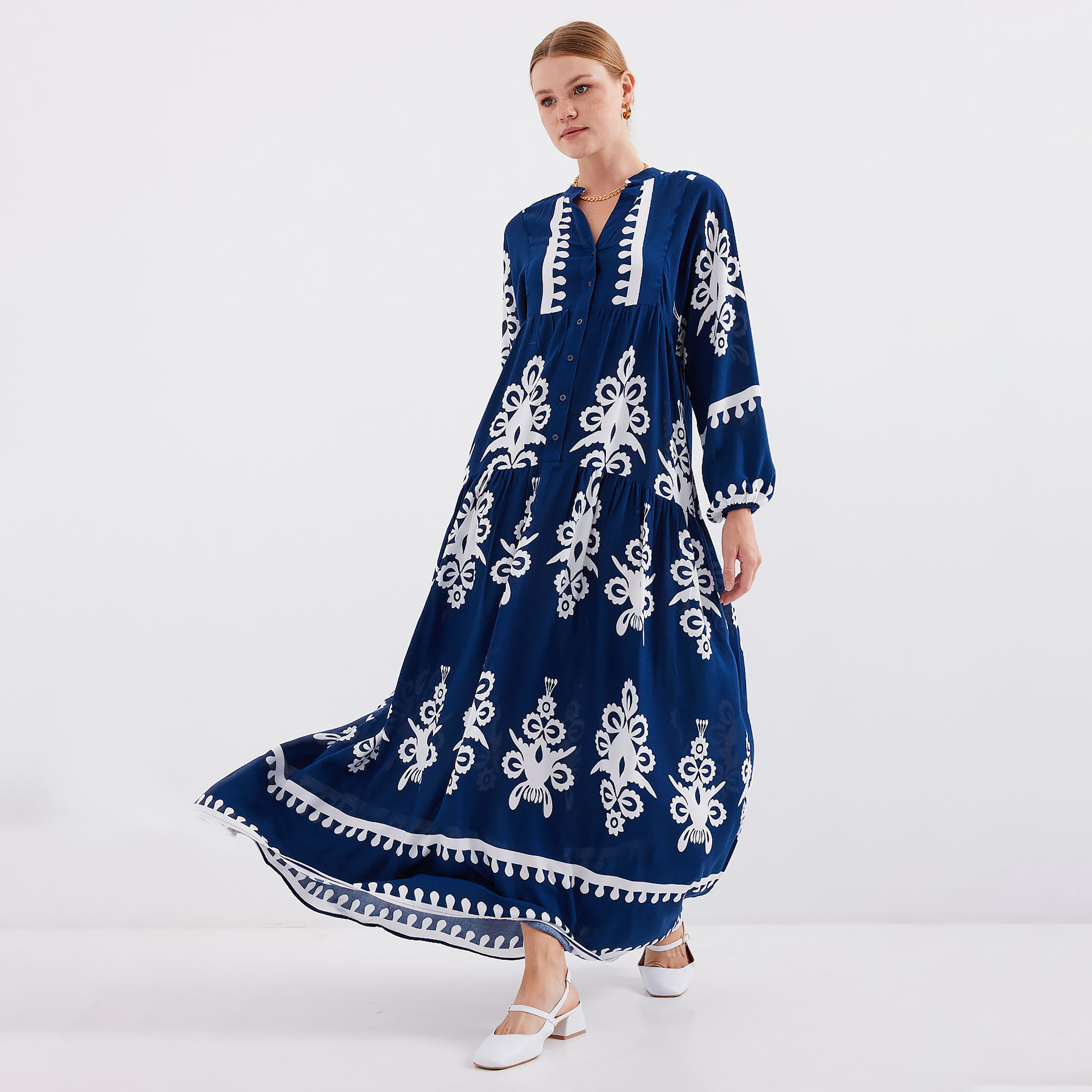 فستان ماكسي نسائي بطبعة بوهو من الفيسكوز، بياقة الماندرين وأكمام بالون وطبقات من بيجدارت-women-clothing-dresses-image-27