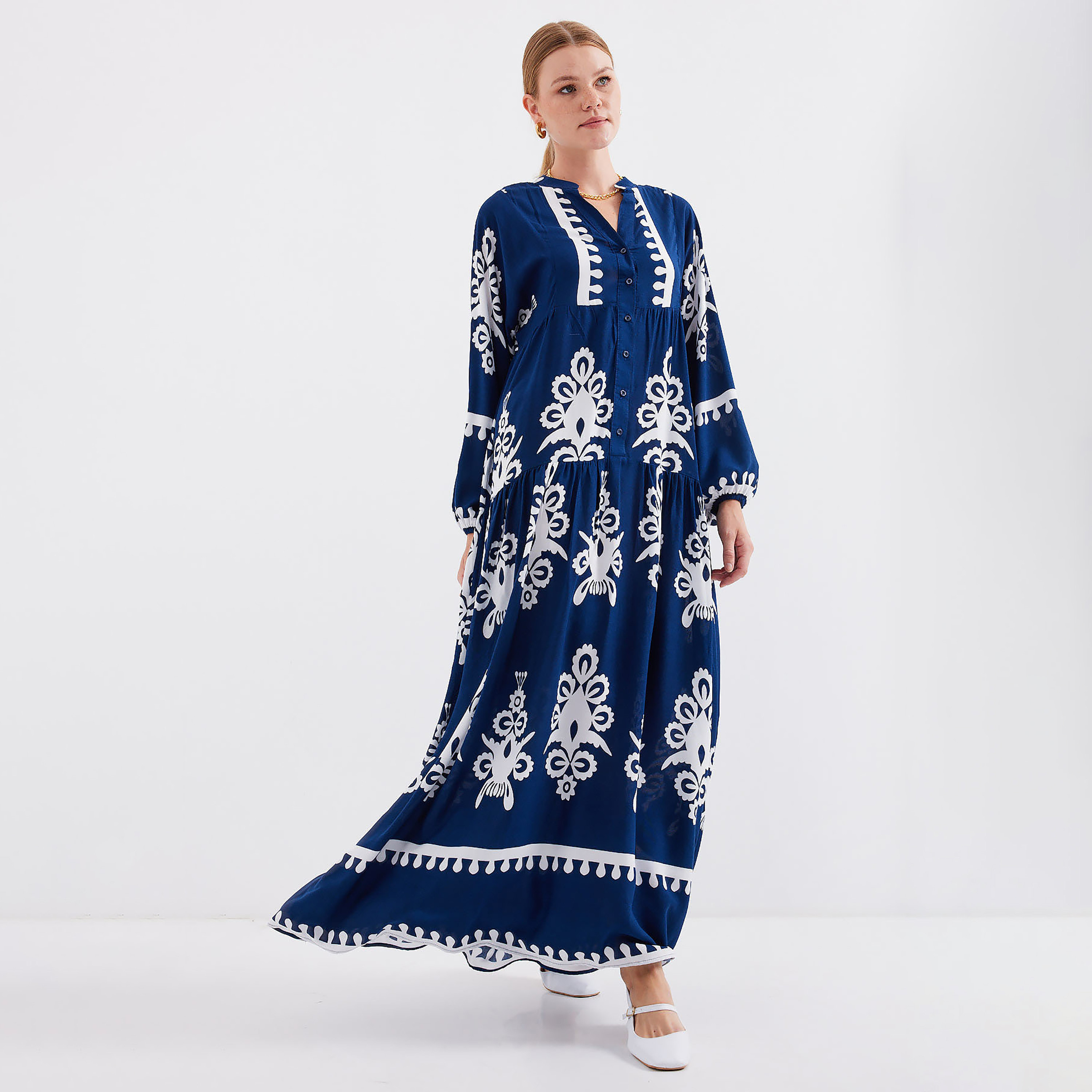 فستان ماكسي نسائي بطبعة بوهو من الفيسكوز، بياقة الماندرين وأكمام بالون وطبقات من بيجدارت-women-clothing-dresses-image-28