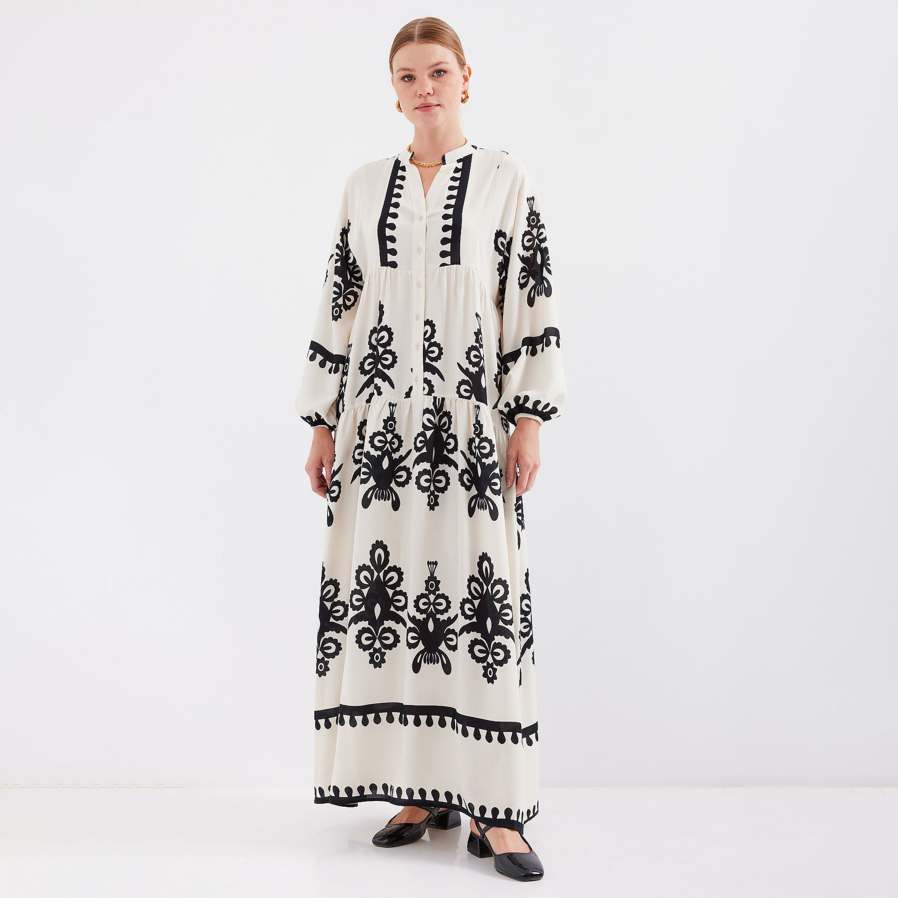 فستان ماكسي نسائي بطبعة بوهو من الفيسكوز، بياقة الماندرين وأكمام بالون وطبقات من بيجدارت-women-clothing-dresses-image-6