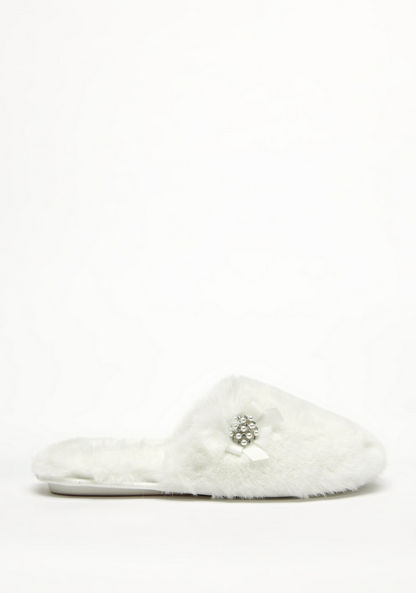 Pearl Embellished Bedroom Slippers with Faux Fur Detail-Women%27s Bedroom Slippers-image-0