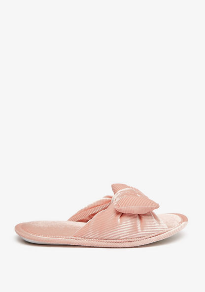 Ribbed Bedroom Slide Slippers with Bow Detail