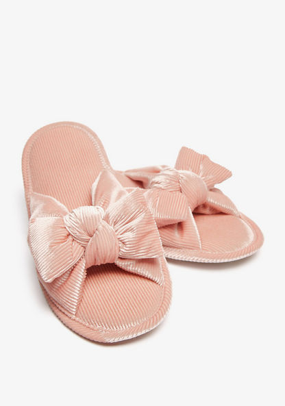 Ribbed Bedroom Slide Slippers with Bow Detail