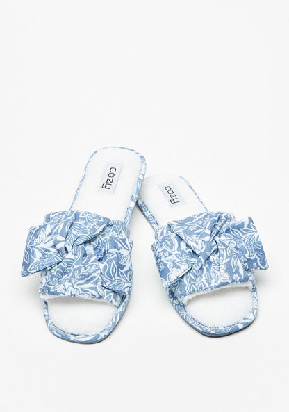 Cozy Printed Slip-On Slide Slippers with Bow Detail-Women%27s Bedroom Slippers-image-1