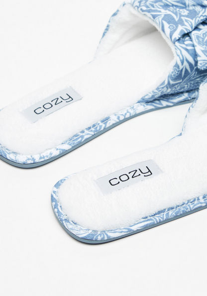 Cozy Printed Slip-On Slide Slippers with Bow Detail