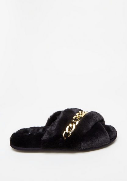 Cozy Faux Fur Bedroom Slippers with Metallic Chain Detail-Women%27s Bedroom Slippers-image-0
