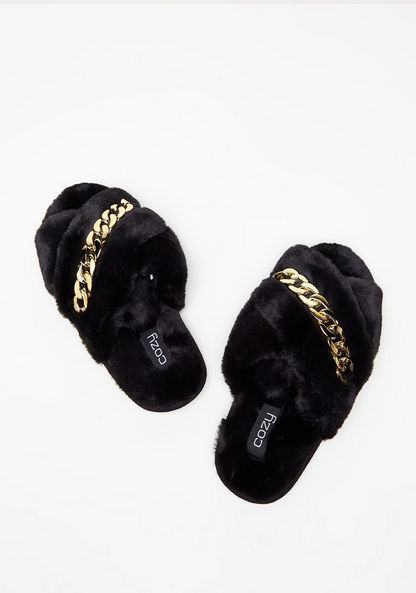 Cozy Faux Fur Bedroom Slippers with Metallic Chain Detail