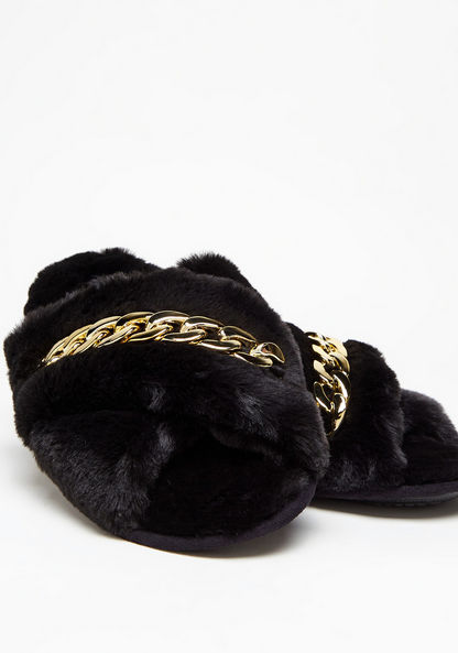 Cozy Faux Fur Bedroom Slippers with Metallic Chain Detail-Women%27s Bedroom Slippers-image-3