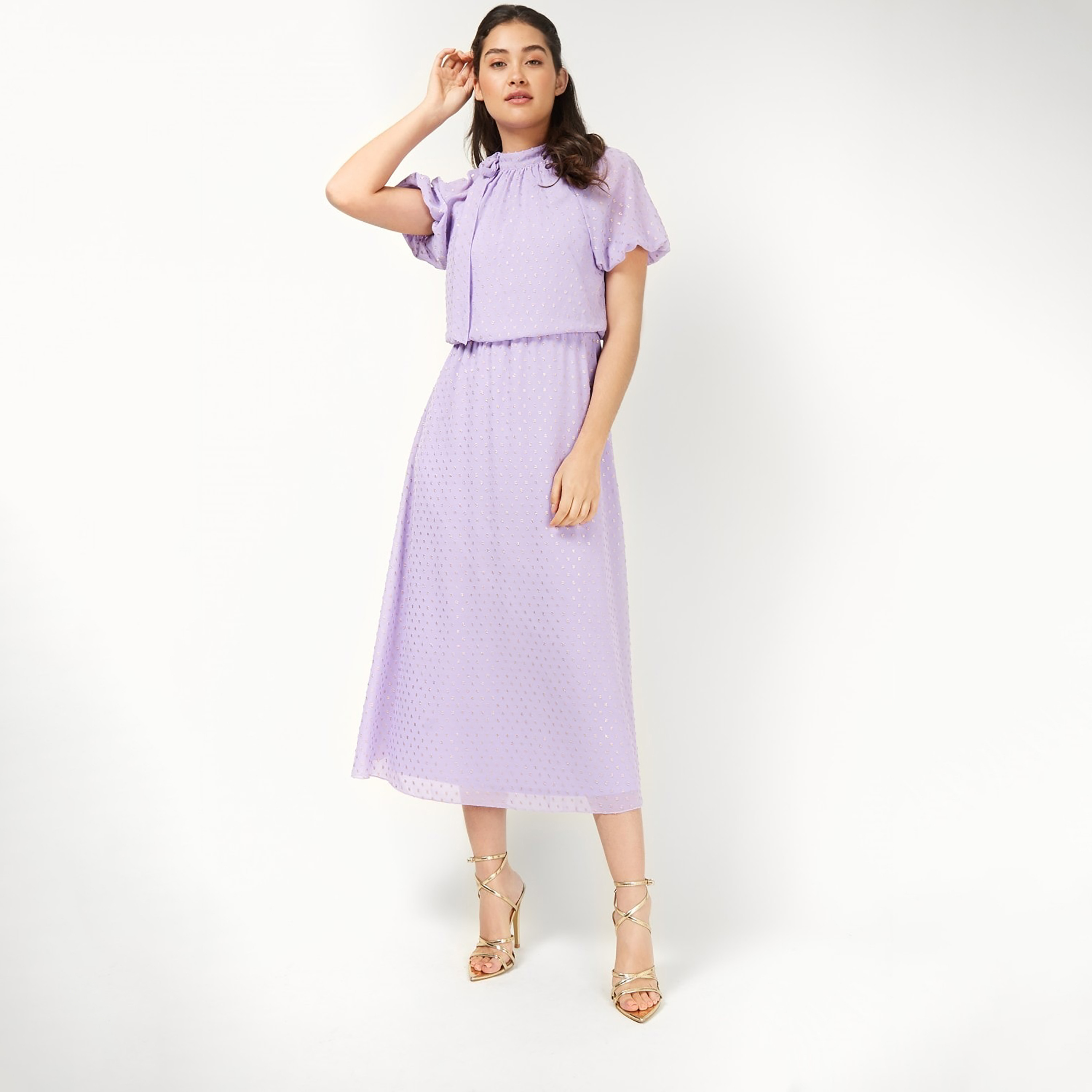 Buy Women s Little Mistress Women Lilac Applique Puff Sleeve High Neck Midi Dress Online Centrepoint UAE