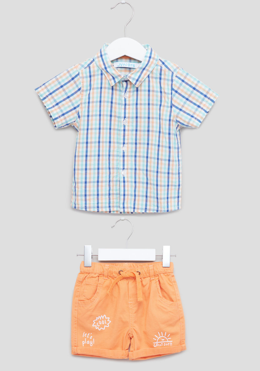 Juniors Chequered Short Sleeves Shirt with Printed Shorts-Clothes Sets-image-0