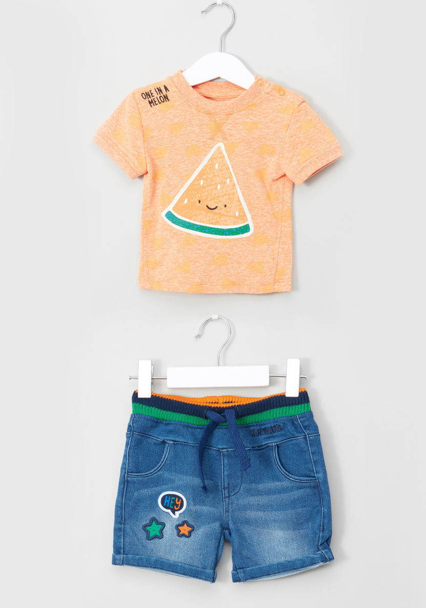 Juniors Printed Short Sleeves T-shirt with Embroidered Shorts-Clothes Sets-image-0