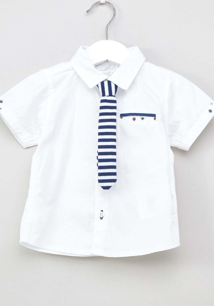 Juniors Solid Short Sleeves Shirt with Striped Tie-Shirts-image-0