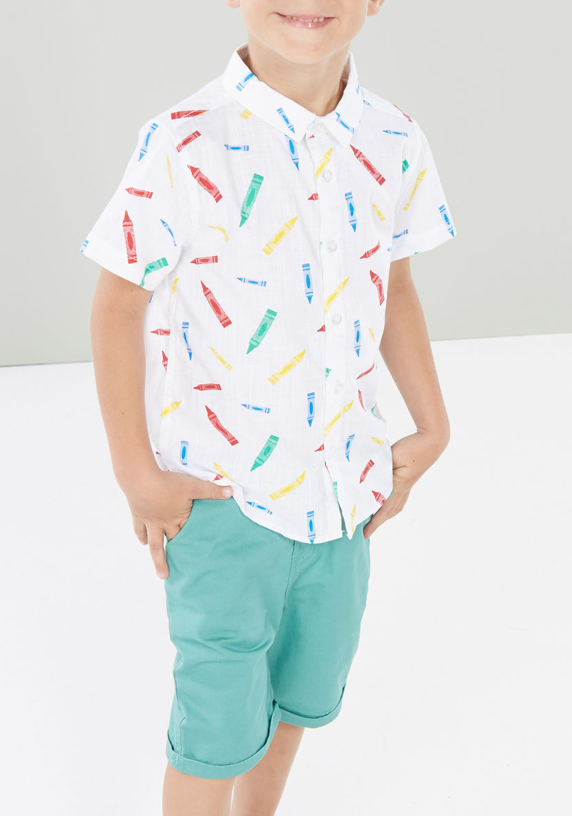 Juniors Printed Short Sleeves Shirt with Pocket Detail Shorts-Clothes Sets-image-2