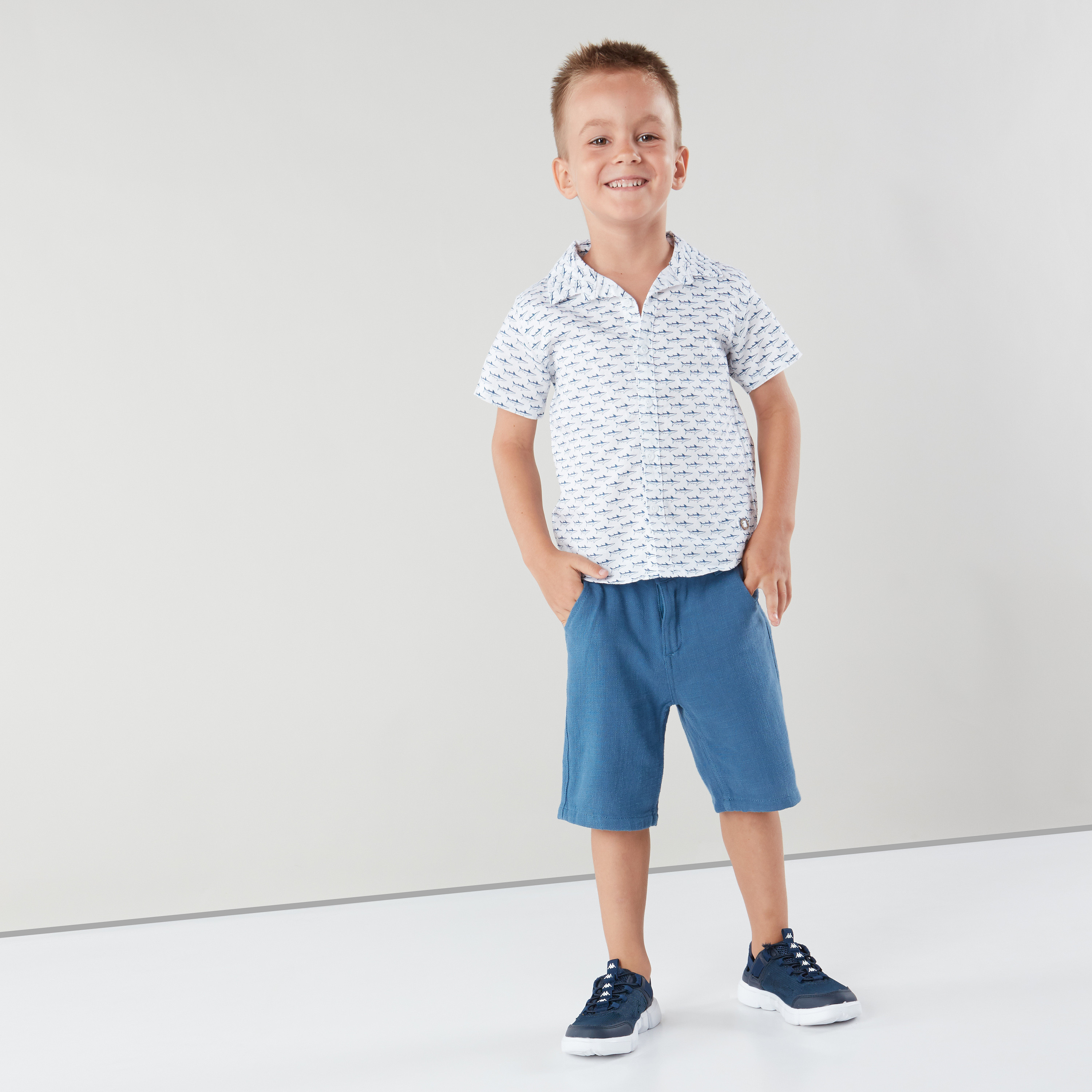 Eligo Collared Short Sleeves Shirt and Shorts Set with Shark Print-boys-clothing-setsandcoords-image-1
