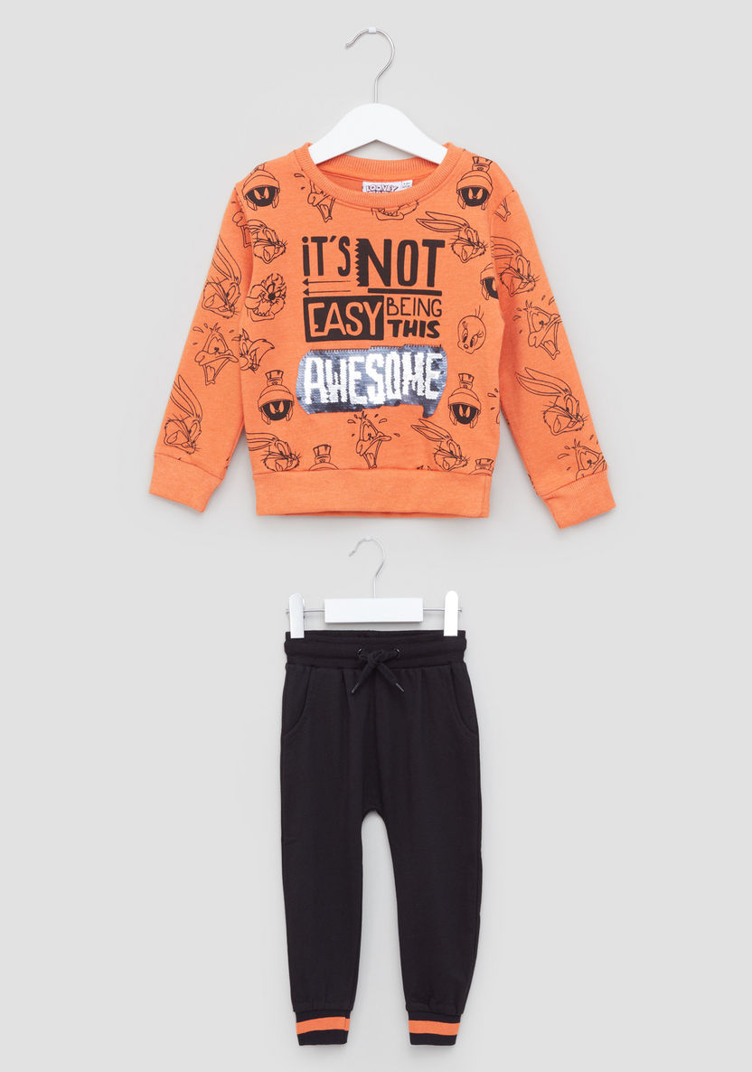 Looney Tunes Printed Sweatshirt with Pocket Detail Jog Pants-Clothes Sets-image-0