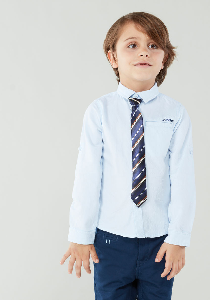 Juniors Solid Long Sleeves Shirt with Striped Neck Tie-Shirts-image-0