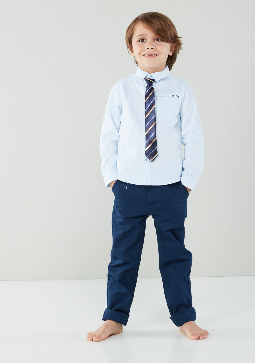 Juniors Solid Long Sleeves Shirt with Striped Neck Tie-Shirts-image-1