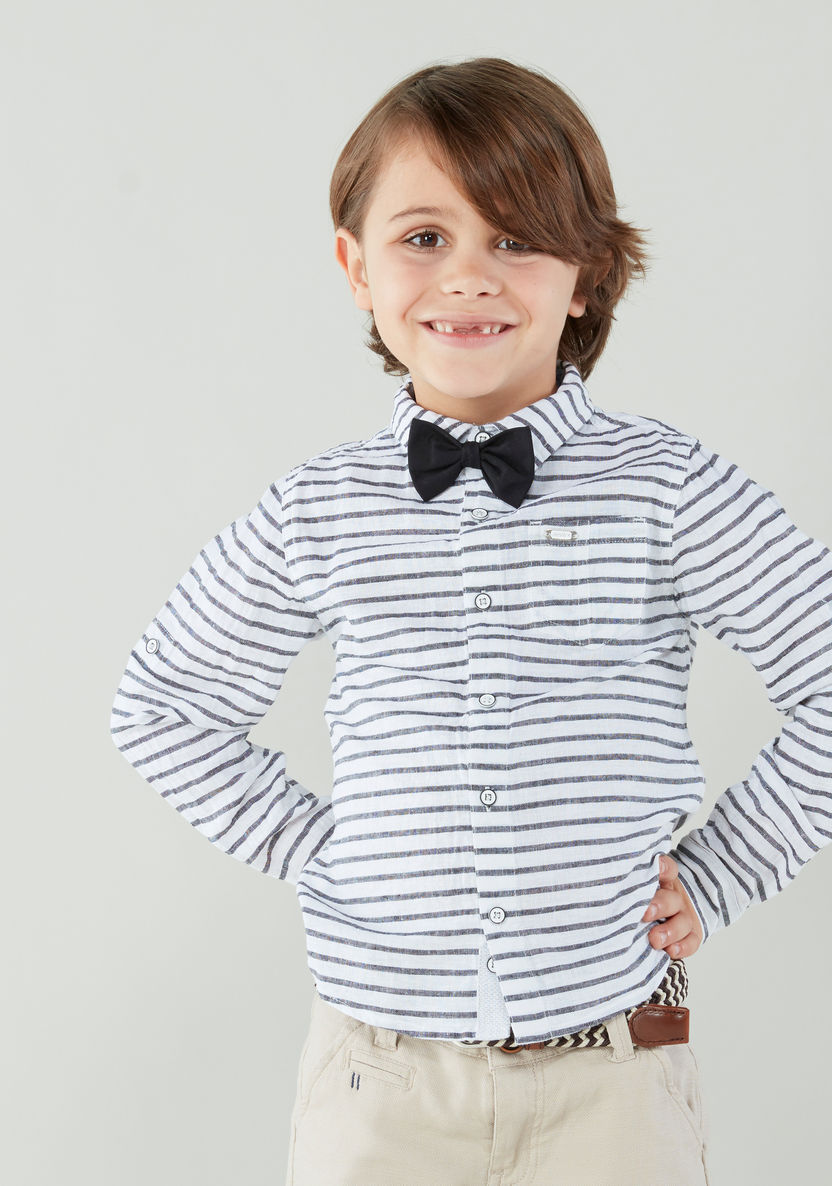 Juniors Striped Shirt with Long Sleeves and Bow Tie-Shirts-image-0