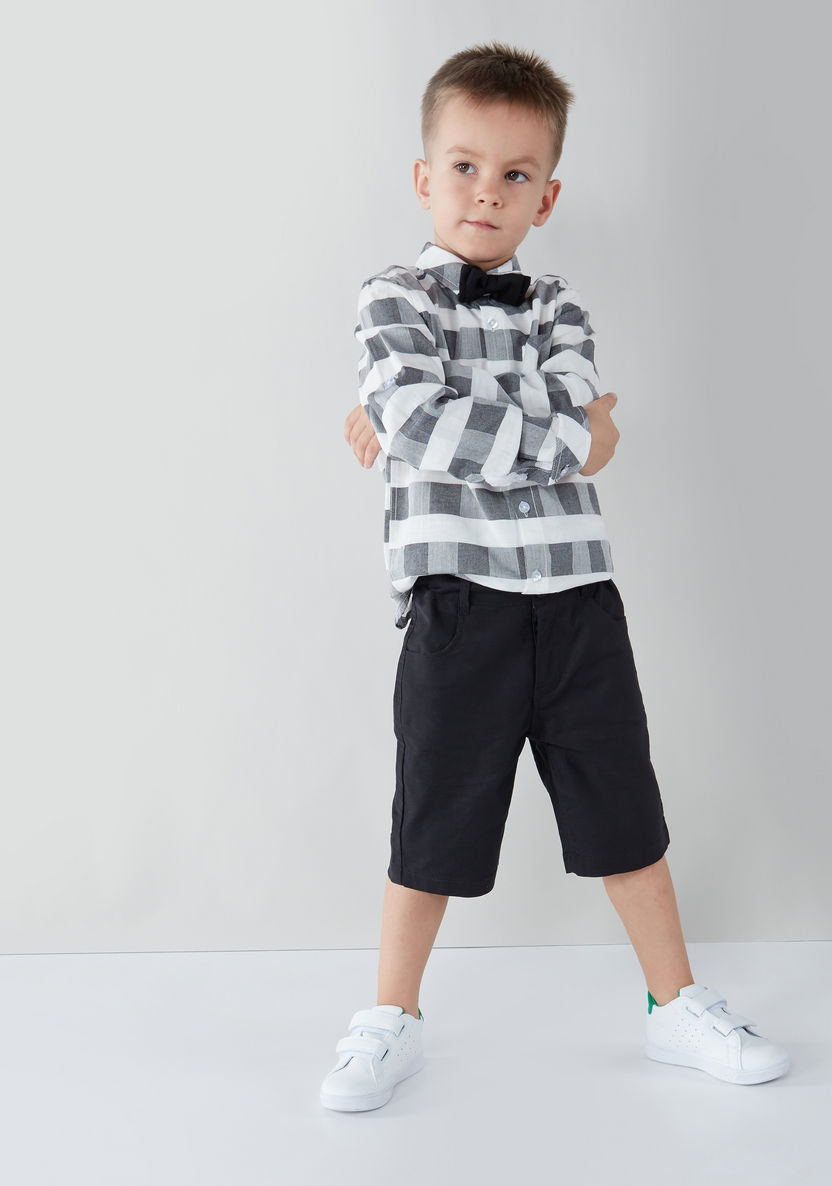 Juniors Chequered Long Sleeves Shirt with Solid Shorts-Clothes Sets-image-0