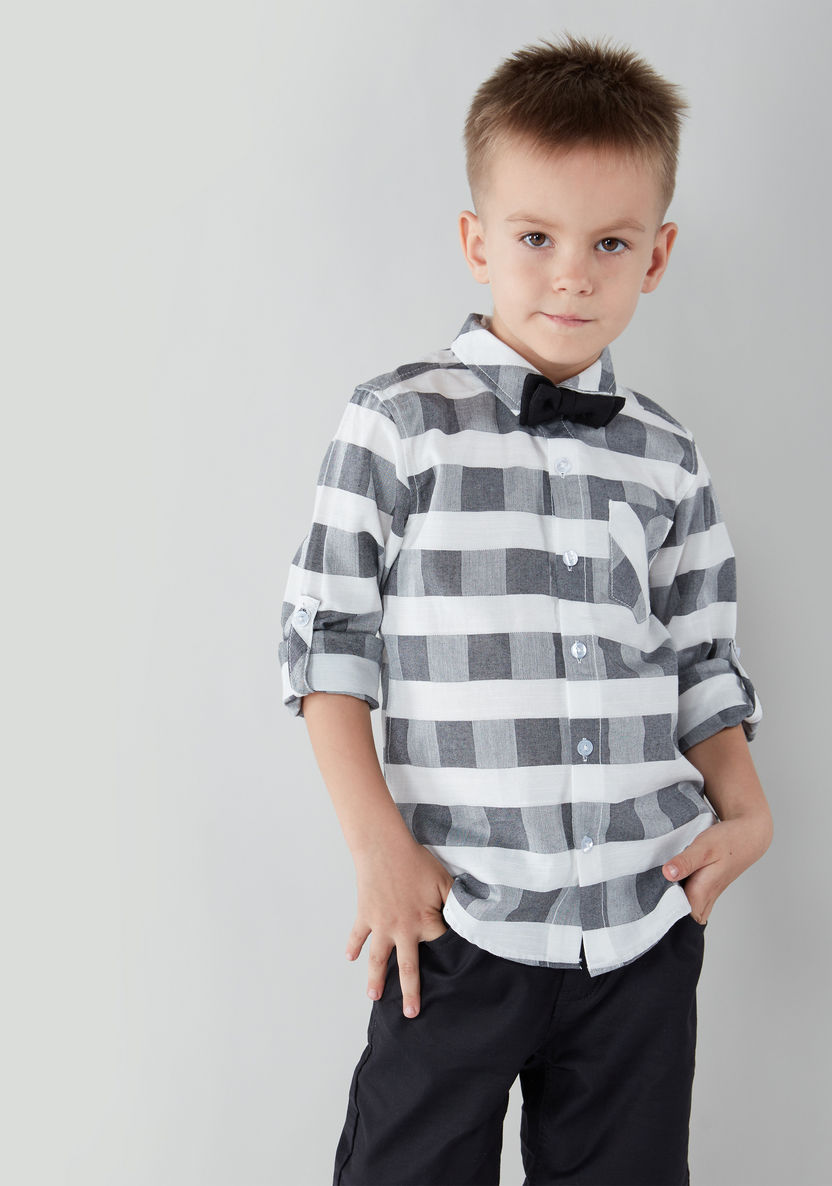 Juniors Chequered Long Sleeves Shirt with Solid Shorts-Clothes Sets-image-2