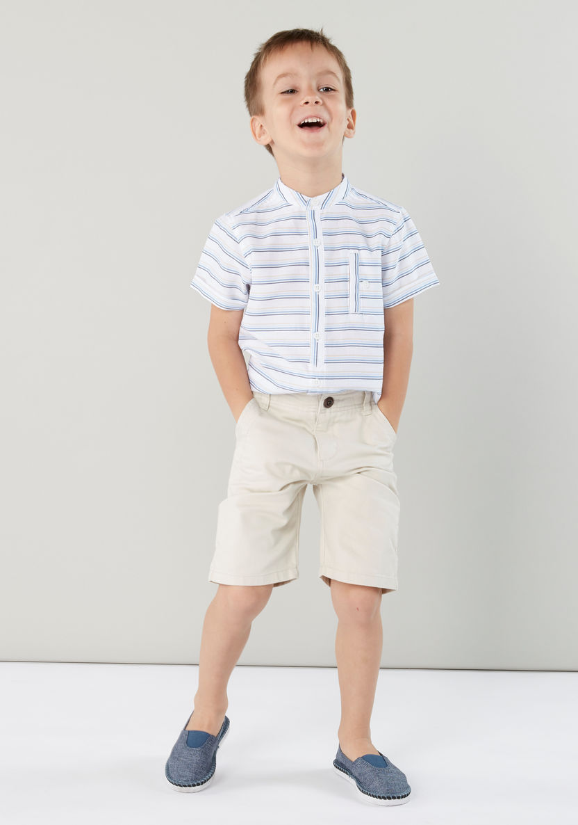 Eligo Striped Mandarin Collar Shirt with Pocket Detail Shorts-Clothes Sets-image-0