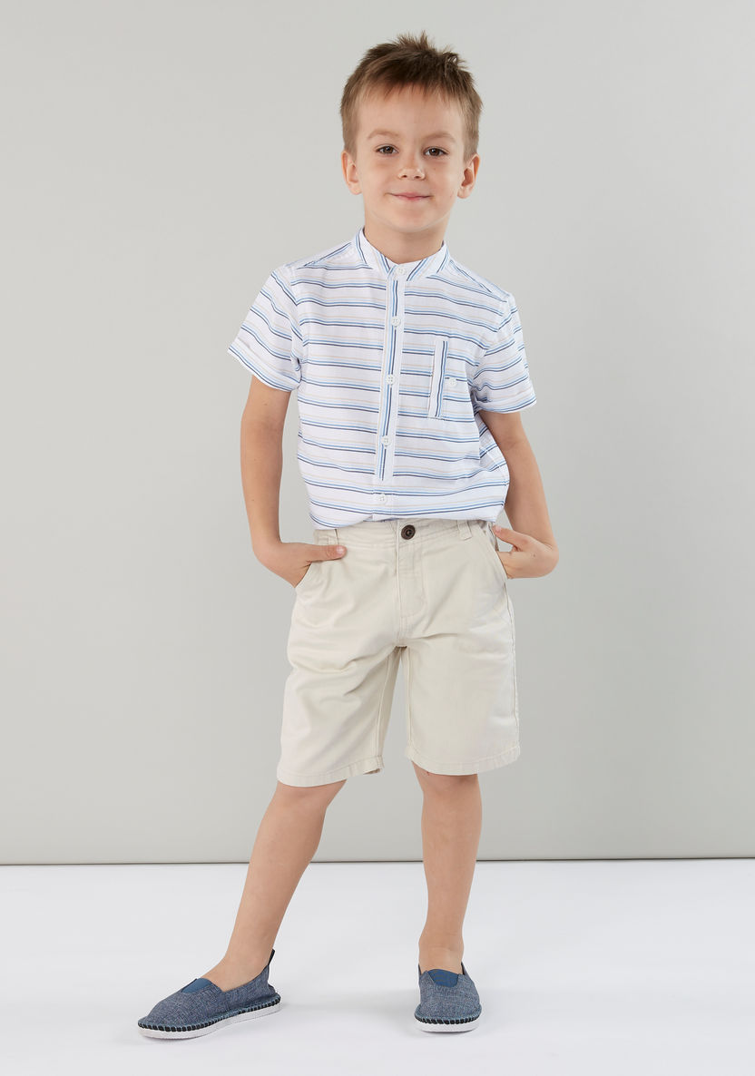 Eligo Striped Mandarin Collar Shirt with Pocket Detail Shorts-Clothes Sets-image-1