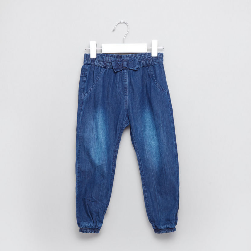 Juniors Denim Pants with Elasticised Waistband and Bow Detail-Jeans-image-0