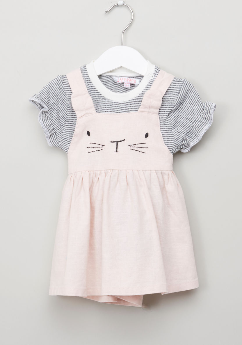 Juniors Striped Top with Embroidered Pinafore Dress-Clothes Sets-image-0
