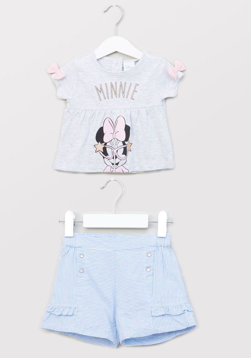 Minnie Mouse Printed Round Neck T-shirt with Striped Shorts-Clothes Sets-image-0