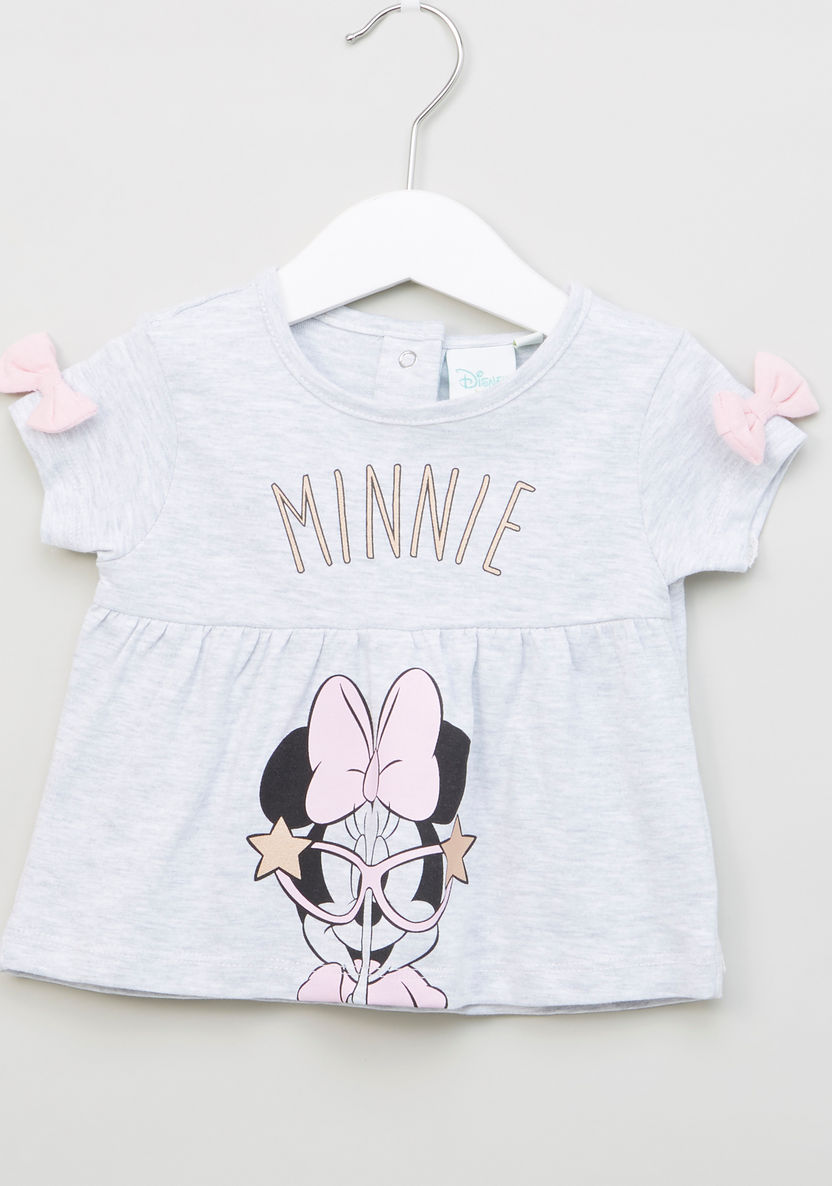 Minnie Mouse Printed Round Neck T-shirt with Striped Shorts-Clothes Sets-image-1