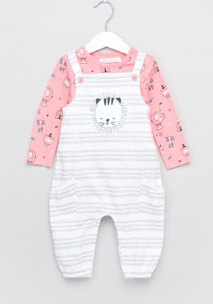 Juniors Printed T-shirt with Striped Rompers-Rompers%2C Dungarees and Jumpsuits-image-0